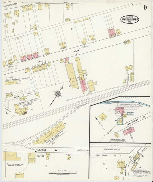 Sanborn Fire Insurance Map from Westminster, Carroll County, Maryland (1918), Sheet #0009 - Historic Sanborn Fire Insurance Map Print, vintage old map wall art, antique decor, genealogy gift, Maryland Maryland map