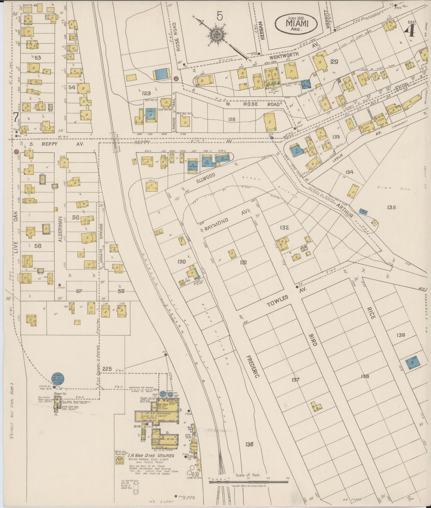 Sanborn Fire Insurance Map from Miami, Gila County, Arizona (1922), Sheet #0004 - Historic Sanborn Fire Insurance Map Print, vintage old map wall art, antique decor, genealogy gift, Arizona Arizona map
