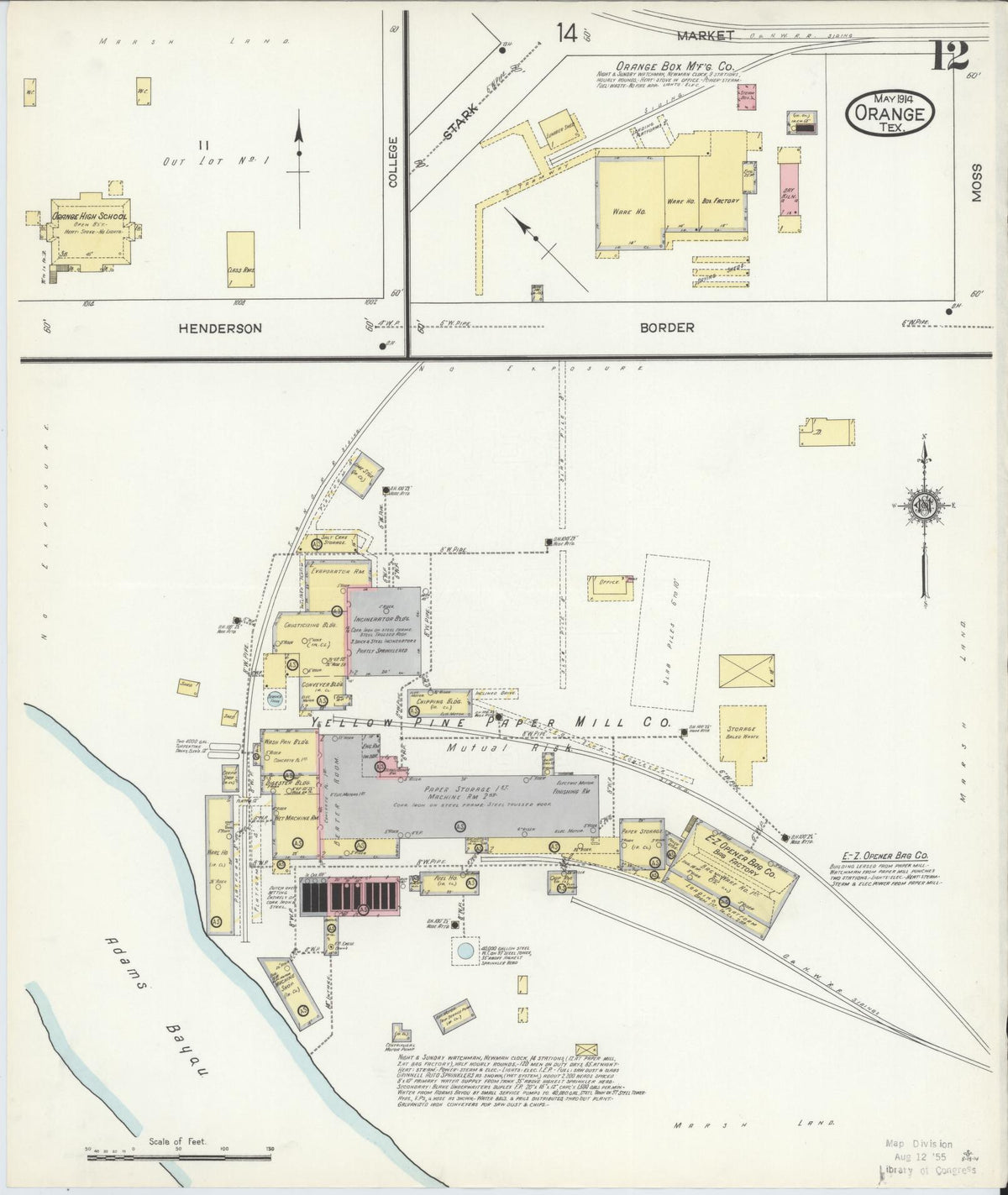 Sanborn Fire Insurance Map from Orange, Orange County, Texas (1914), Sheet #0012 - Historic Sanborn Fire Insurance Map Print, vintage old map wall art, antique decor, genealogy gift, Texas Texas map