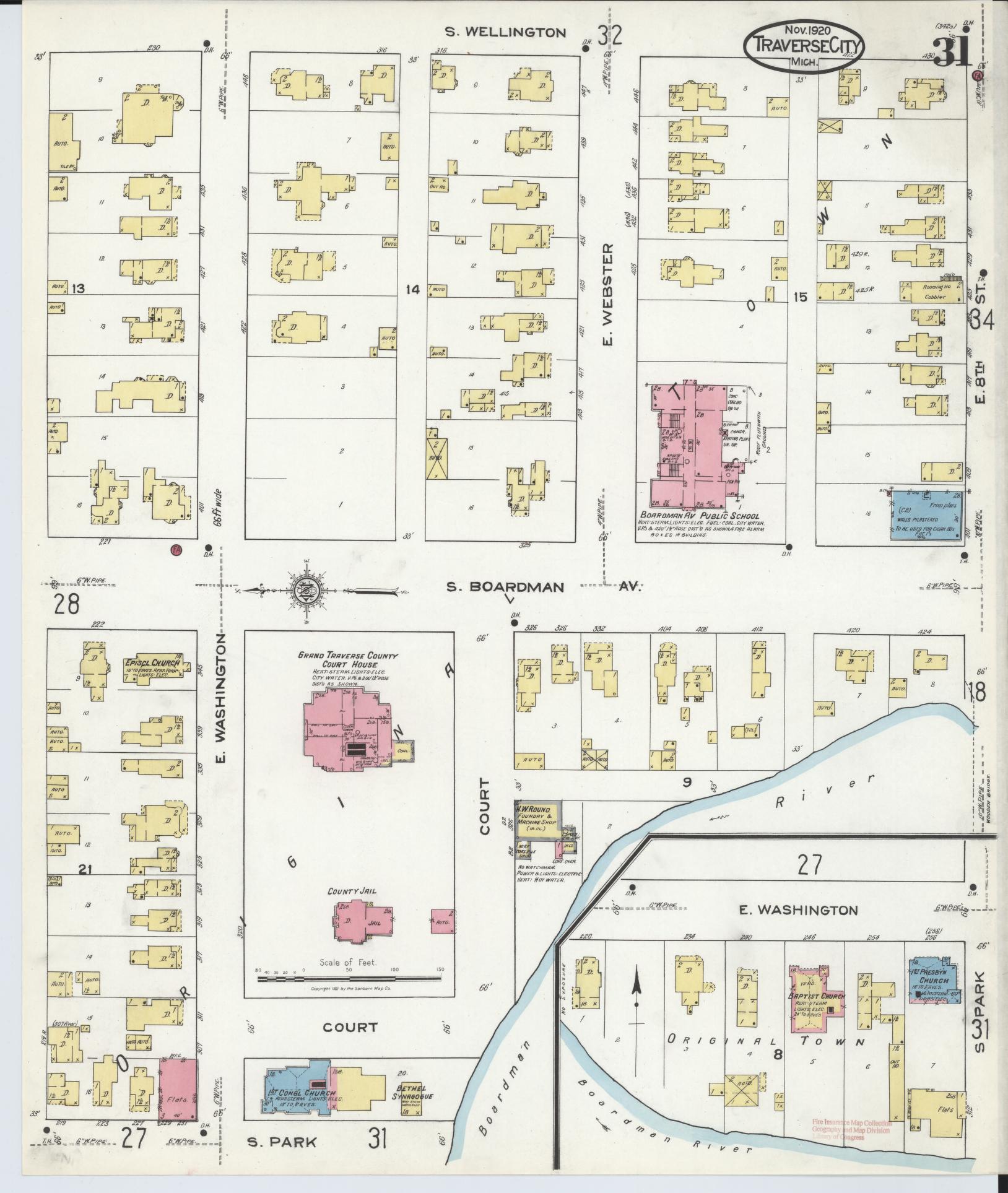 Sanborn Fire Insurance Map from Traverse City, Grand Traverse County, Michigan (1920), Sheet #0031 - Historic Sanborn Fire Insurance Map Print, vintage old map wall art, antique decor, genealogy gift, Michigan Michigan map