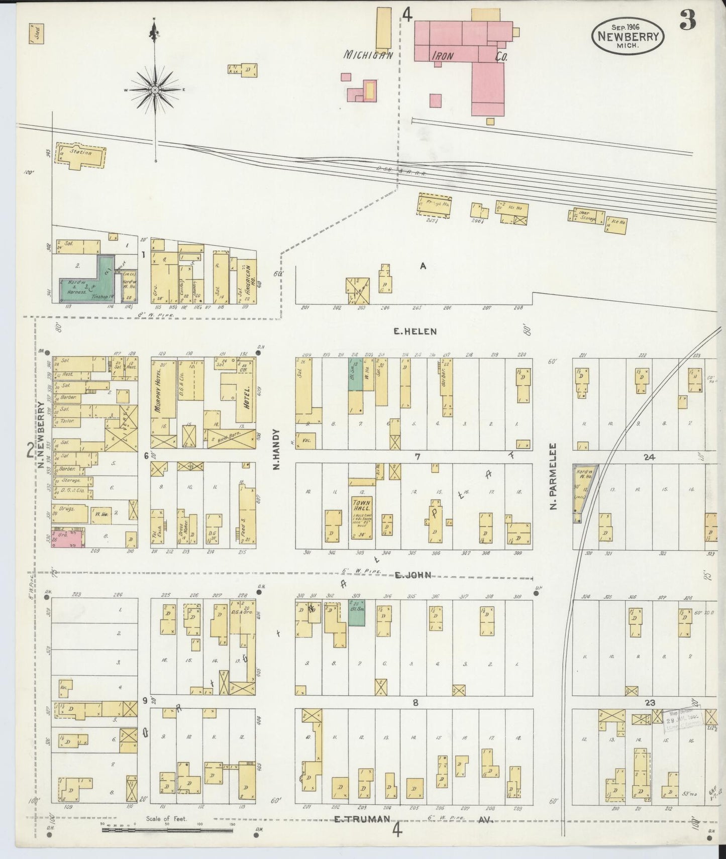 Sanborn Fire Insurance Map from Newberry, Luce County, Michigan (1906), Sheet #0003 - Complete Map Set gallery image, historic Sanborn map, vintage wall art, Michigan Michigan