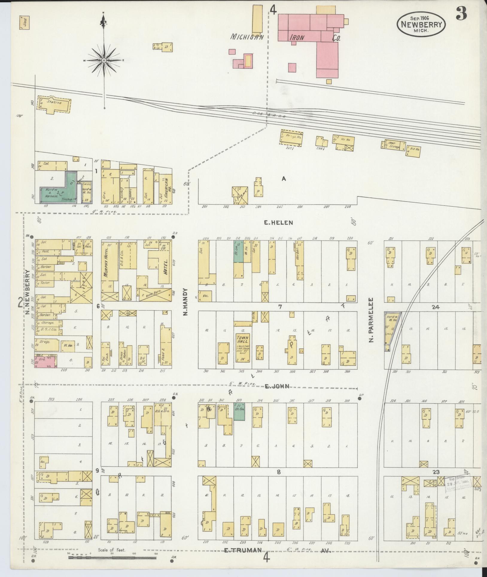 Sanborn Fire Insurance Map from Newberry, Luce County, Michigan (1906), Sheet #0003 - Complete Map Set gallery image, historic Sanborn map, vintage wall art, Michigan Michigan