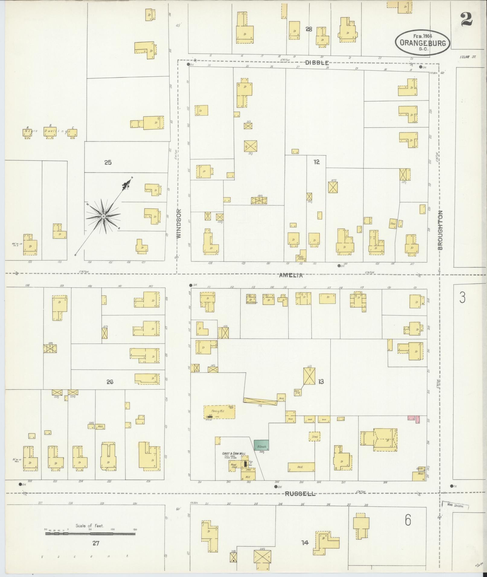 Sanborn Fire Insurance Map from Orangeburg, Orangeburg County, South Carolina (1904), Sheet #0002 - Historic Sanborn Fire Insurance Map Print, vintage old map wall art, antique decor, genealogy gift, South Carolina South Carolina map