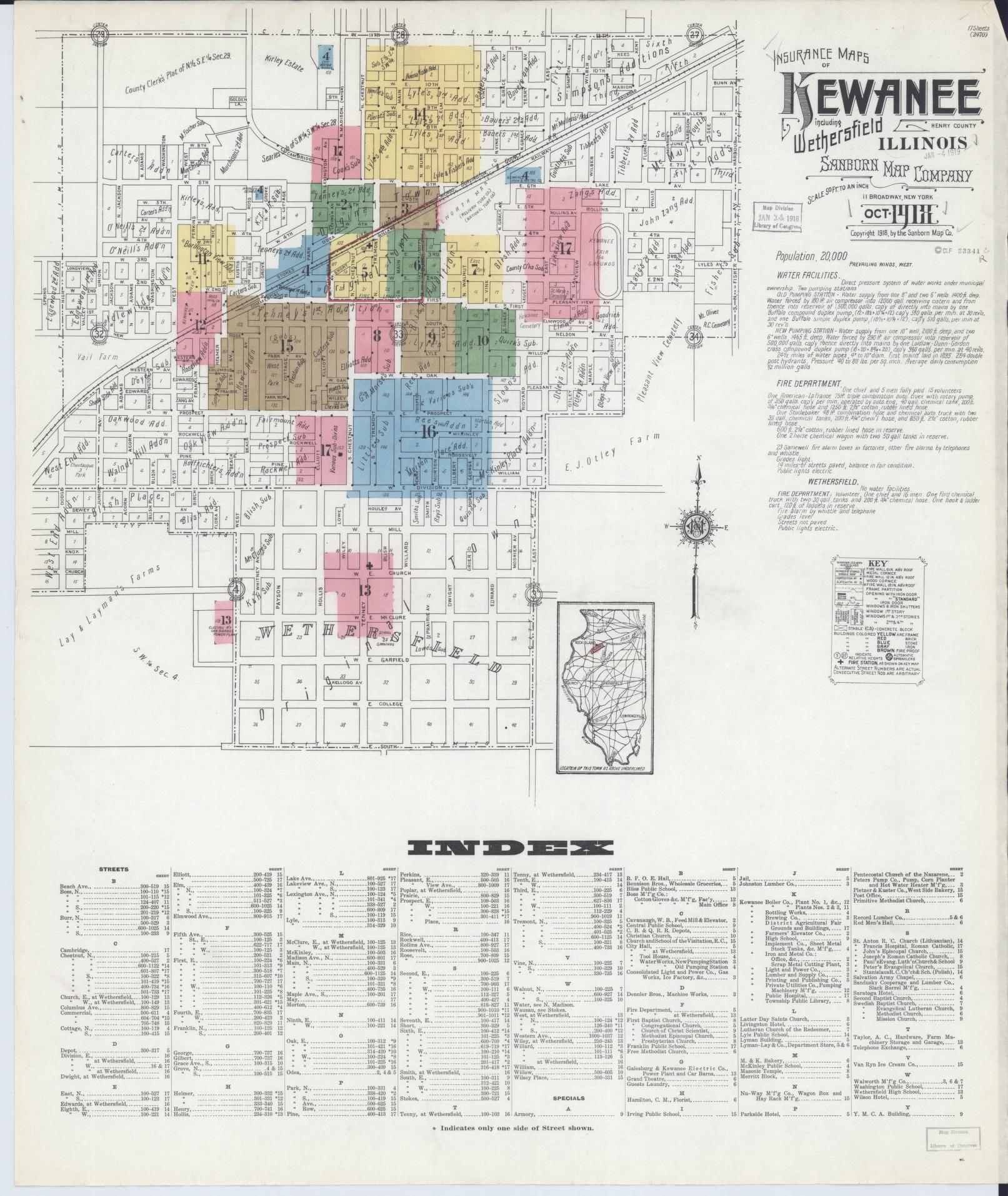 Sanborn Fire Insurance Map from Kewanee, Henry County, Illinois (1918), Sheet #0001 - Complete Map Set gallery image, historic Sanborn map, vintage wall art, Illinois Illinois