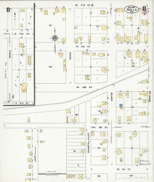Sanborn Fire Insurance Map from Rolla, Phelps County, Missouri (1924), Sheet #0008 - Historic Sanborn Fire Insurance Map Print, vintage old map wall art, antique decor, genealogy gift, Missouri Missouri map