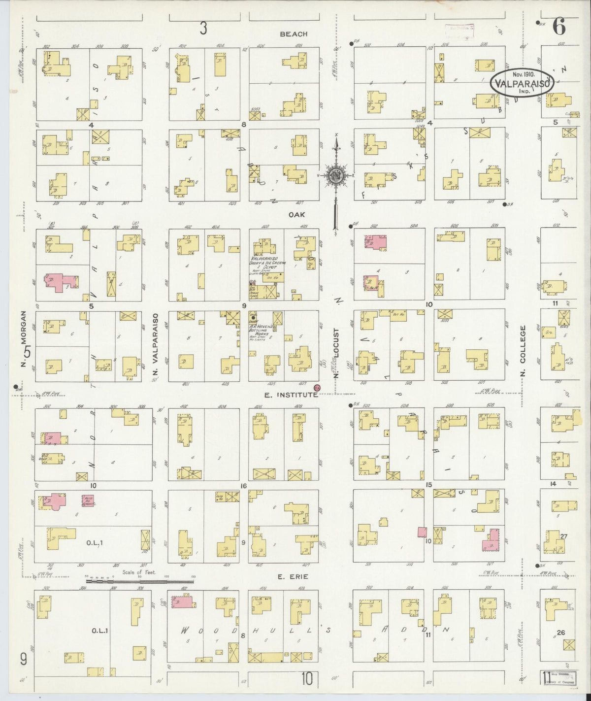 Sanborn Fire Insurance Map from Valparaiso, Porter County, Indiana (1910), Sheet #0006 - Historic Sanborn Fire Insurance Map Print, vintage old map wall art, antique decor, genealogy gift, Indiana Indiana map