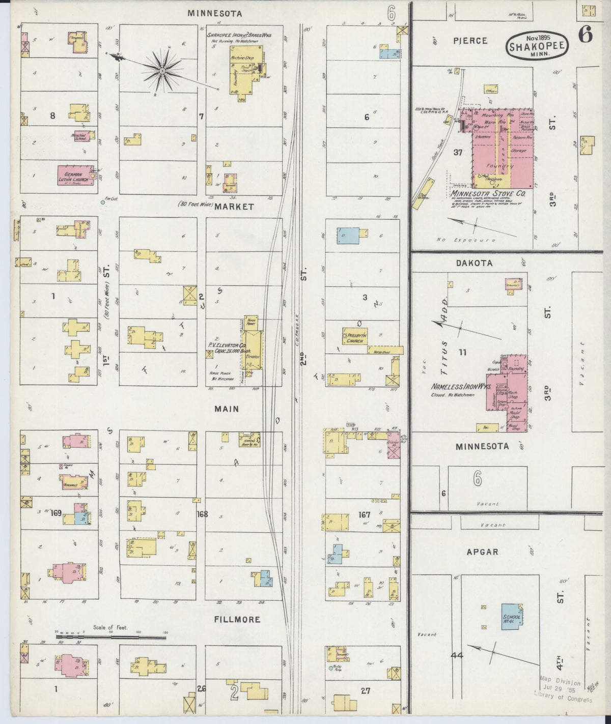 Sanborn Fire Insurance Map from Shakopee, Scott County, Minnesota (1895), Sheet #0006 - Historic Sanborn Fire Insurance Map Print, vintage old map wall art, antique decor, genealogy gift, Minnesota Minnesota map