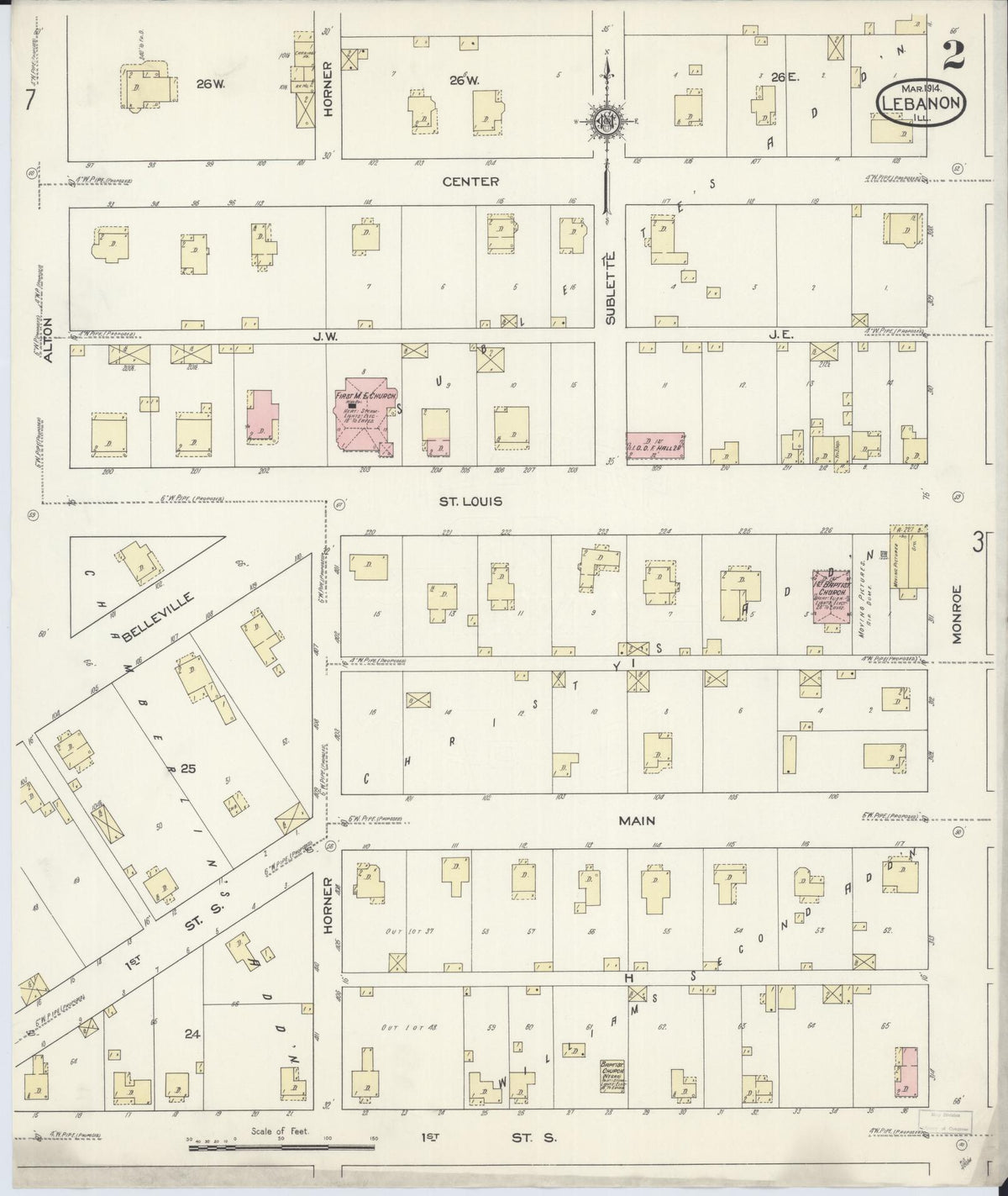 Sanborn Fire Insurance Map from Lebanon, Saint Clair County, Illinois (1914), Sheet #0002 - Complete Map Set gallery image, historic Sanborn map, vintage wall art, Illinois Illinois