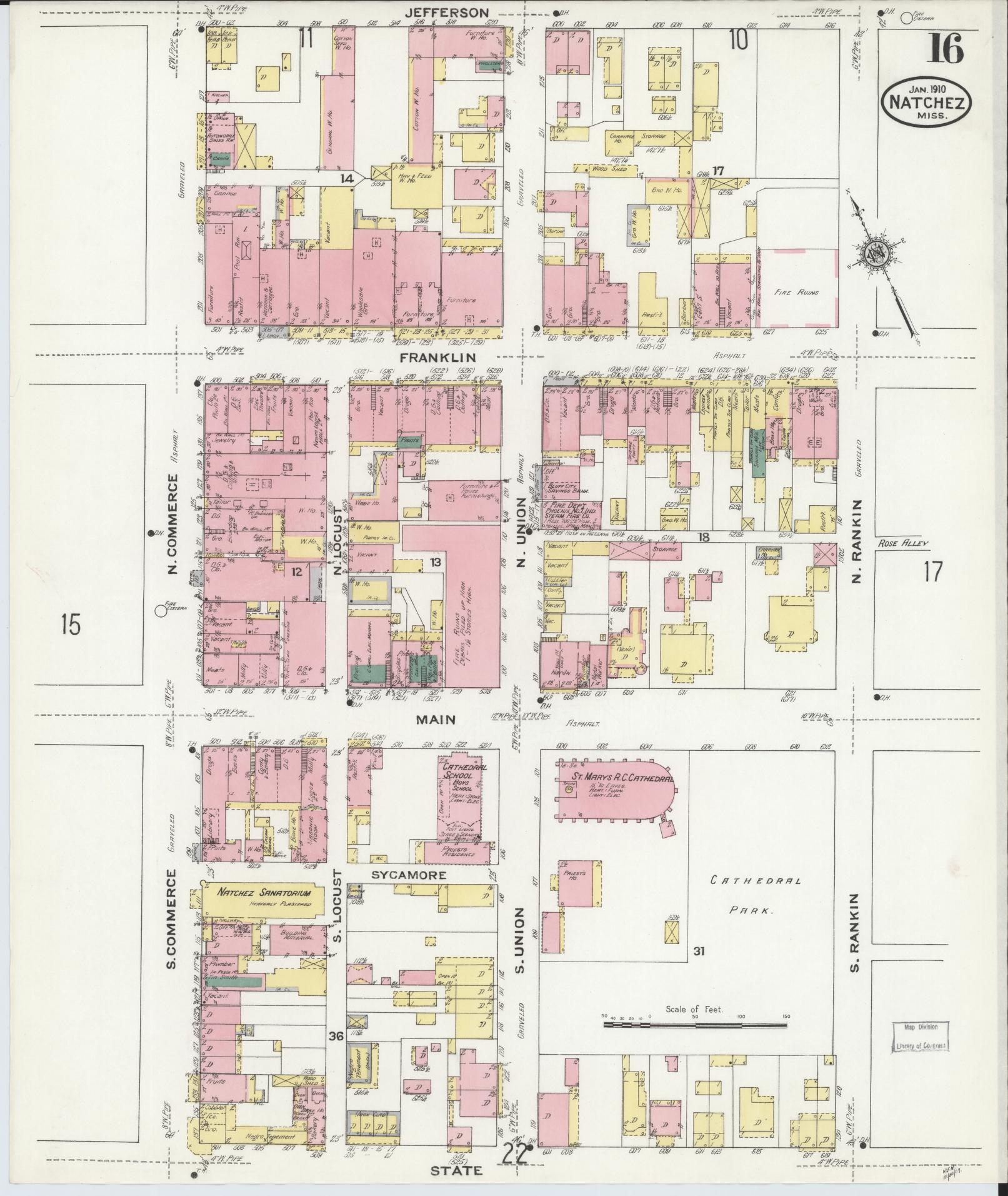 Sanborn Fire Insurance Map from Natchez, Adams County, Mississippi (1910), Sheet #0016 - Complete Map Set gallery image, historic Sanborn map, vintage wall art, Mississippi Mississippi