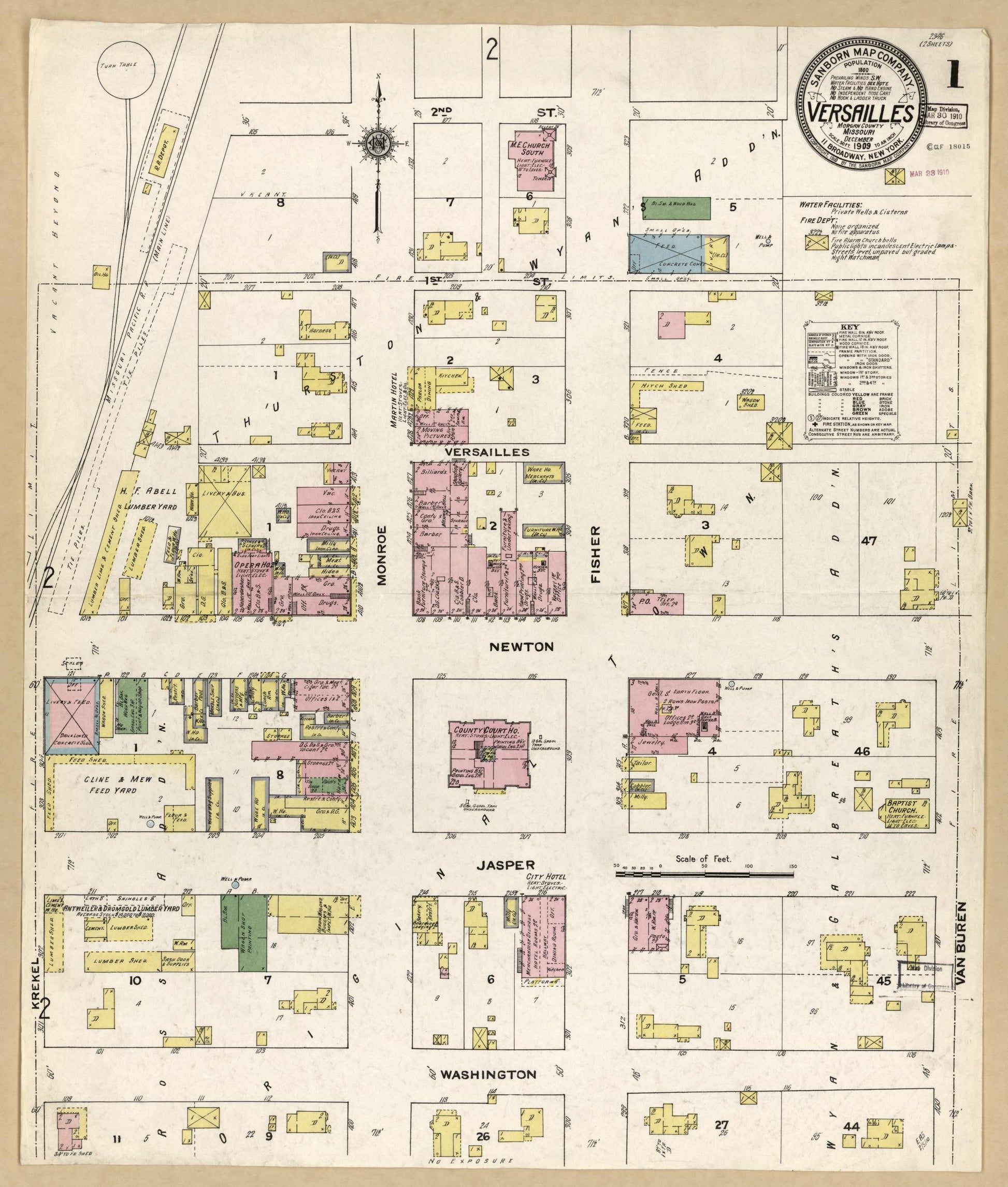 Sanborn Fire Insurance Map from Versailles, Morgan County, Missouri (1909), Sheet #0001 - Historic Sanborn Fire Insurance Map Print, vintage old map wall art, antique decor, genealogy gift, Missouri Missouri map