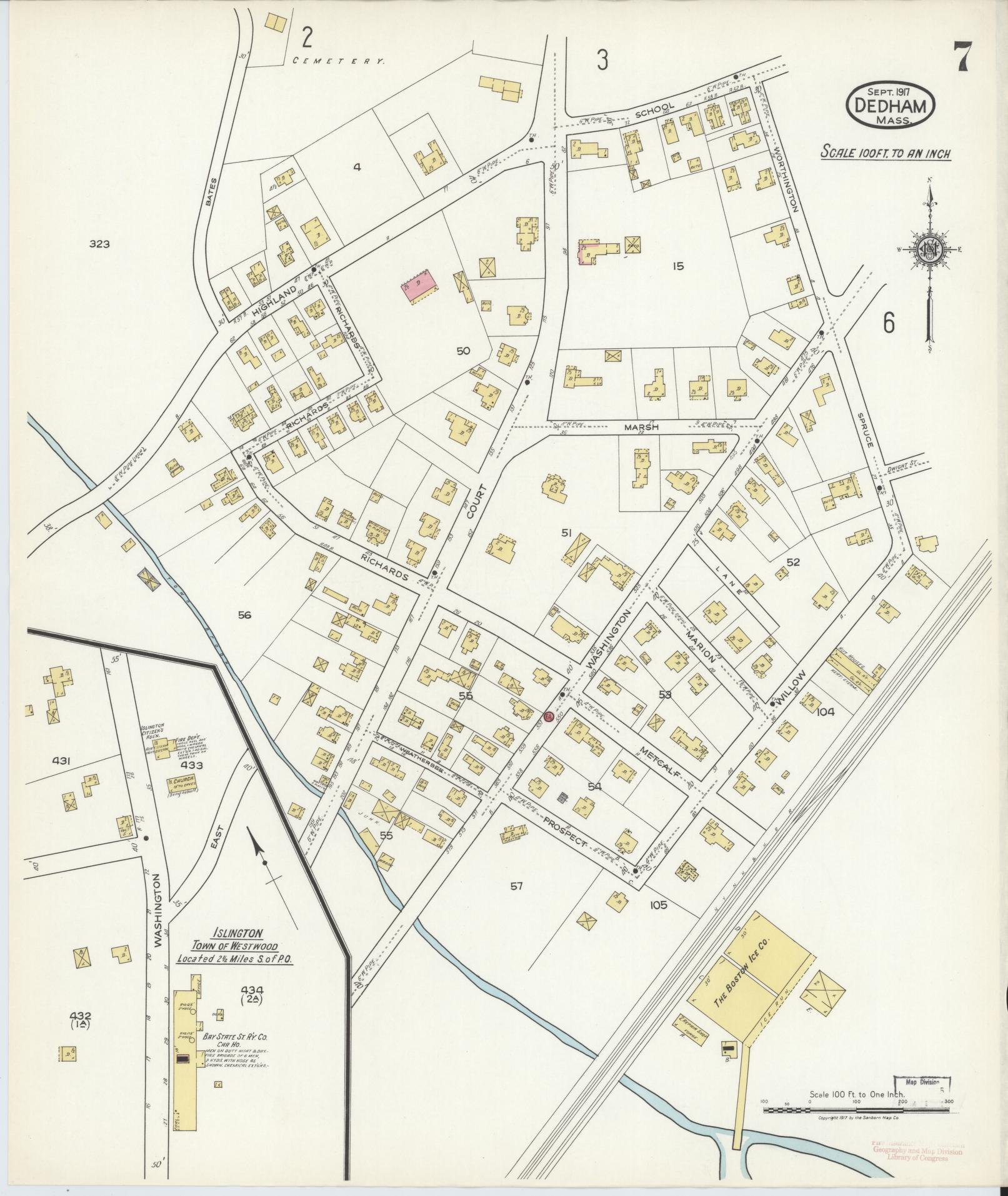 Sanborn Fire Insurance Map from Dedham, Norfolk County, Massachusetts (1917), Sheet #0007 - Historic Sanborn Fire Insurance Map Print, vintage old map wall art, antique decor, genealogy gift, Massachusetts Massachusetts map