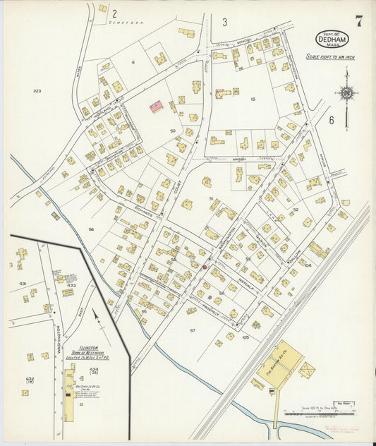 Sanborn Fire Insurance Map from Dedham, Norfolk County, Massachusetts (1917), Sheet #0007 - Historic Sanborn Fire Insurance Map Print, vintage old map wall art, antique decor, genealogy gift, Massachusetts Massachusetts map