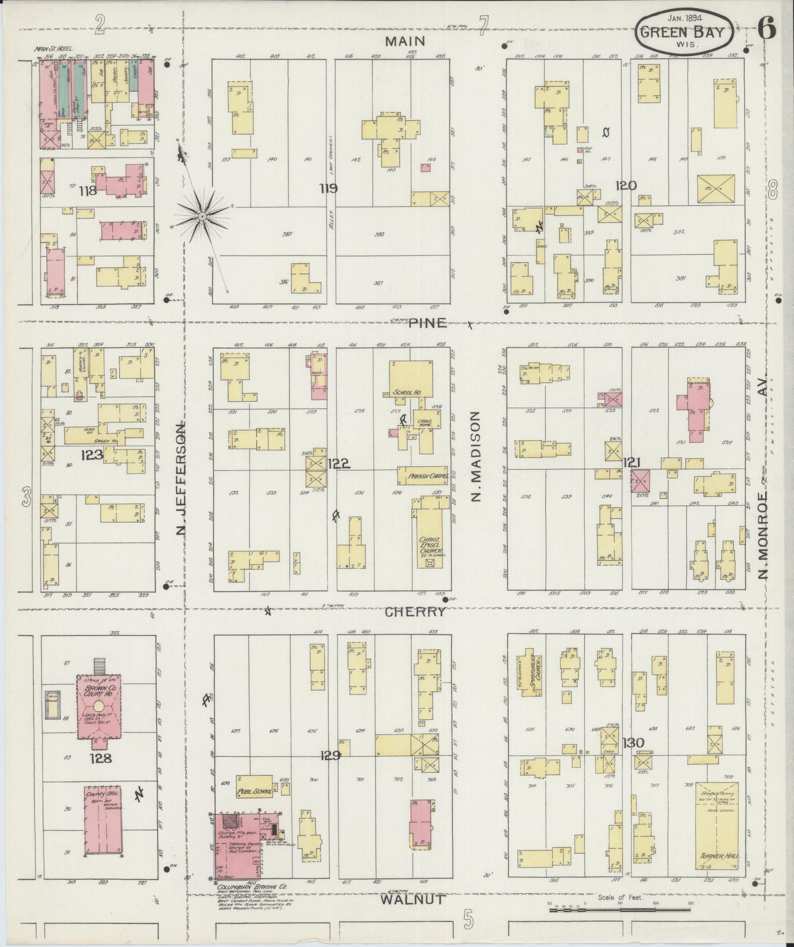 Sanborn Fire Insurance Map from Green Bay, Brown County, Wisconsin (1894), Sheet #0006 - Historic Sanborn Fire Insurance Map Print, vintage old map wall art, antique decor, genealogy gift, Wisconsin Wisconsin map