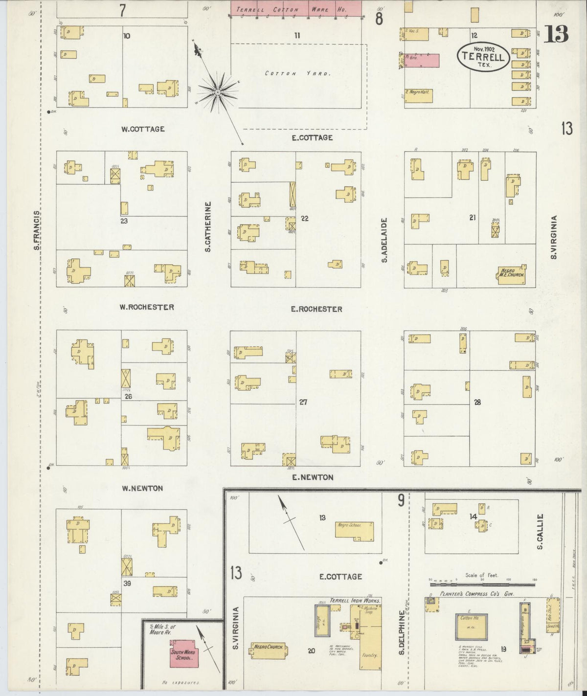 Sanborn Fire Insurance Map from Terrell, Kaufman County, Texas (1902), Sheet #0013 - Historic Sanborn Fire Insurance Map Print, vintage old map wall art, antique decor, genealogy gift, Texas Texas map