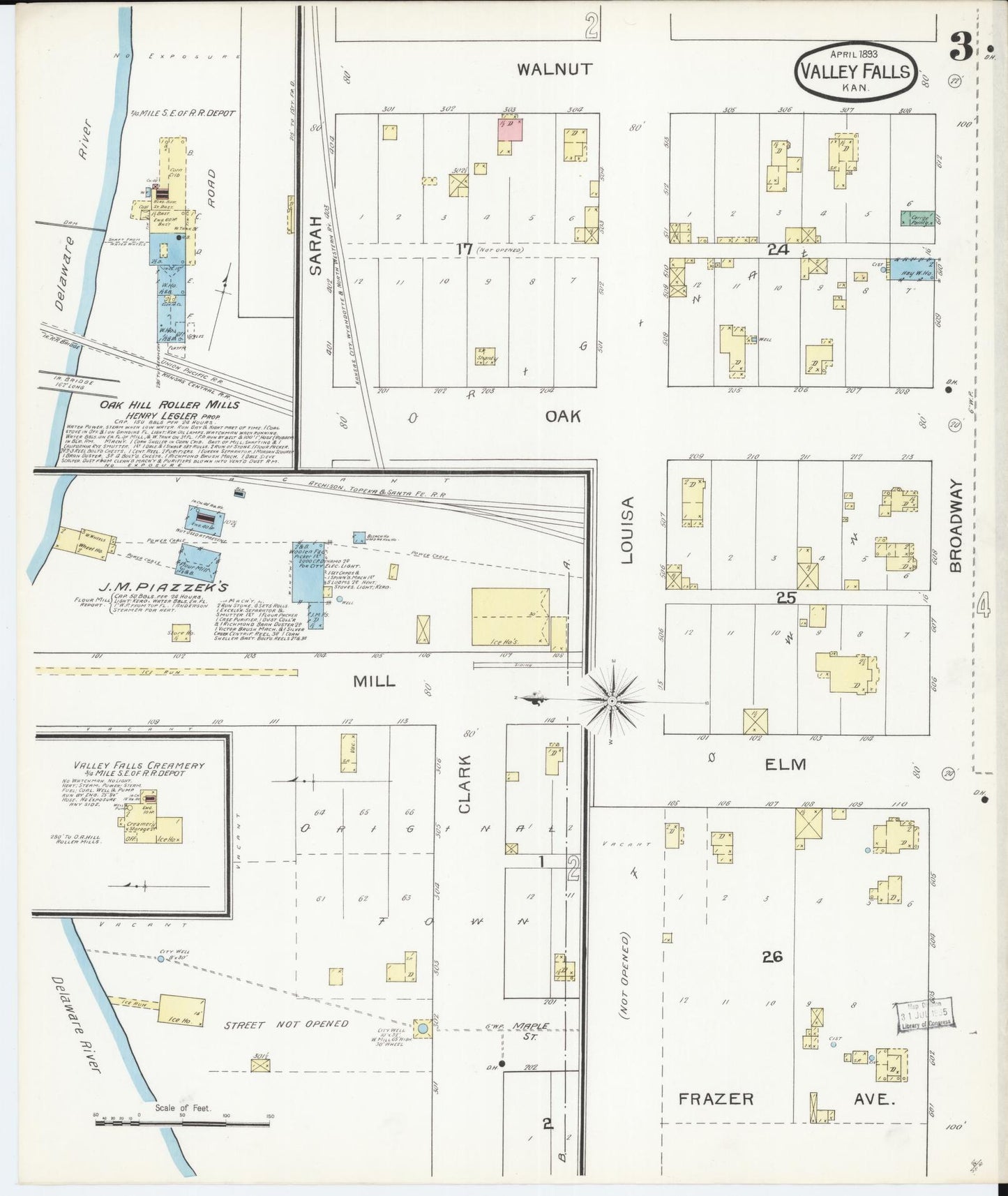 Sanborn Fire Insurance Map from Valley Falls, Jefferson County, Kansas (1893), Sheet #0003 - Complete Map Set gallery image, historic Sanborn map, vintage wall art, Kansas Kansas