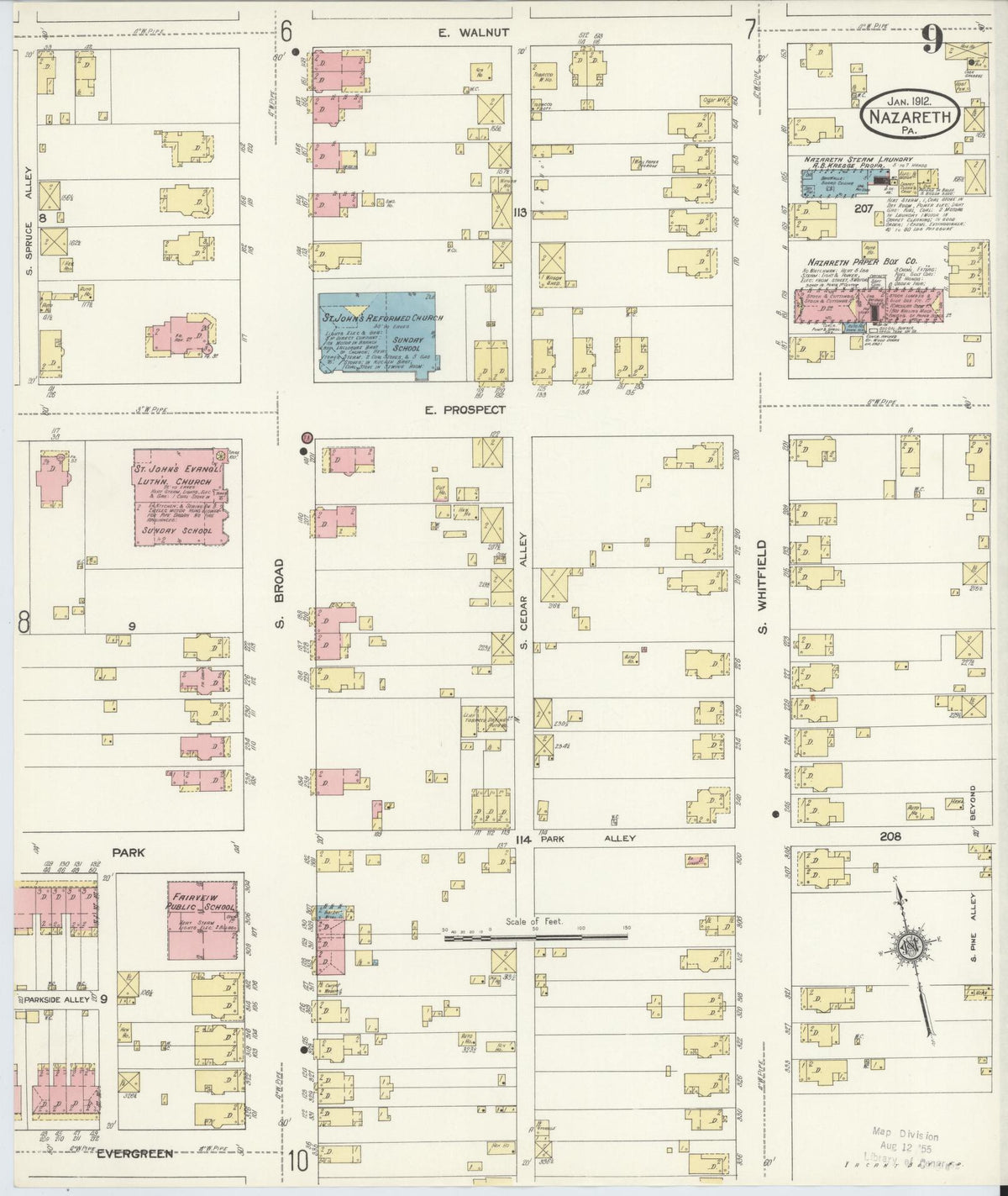 Sanborn Fire Insurance Map from Nazareth, Northampton County, Pennsylvania (1912), Sheet #0009 - Historic Sanborn Fire Insurance Map Print, vintage old map wall art, antique decor, genealogy gift, Pennsylvania Pennsylvania map