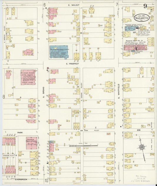 Sanborn Fire Insurance Map from Nazareth, Northampton County, Pennsylvania (1912), Sheet #0009 - Historic Sanborn Fire Insurance Map Print, vintage old map wall art, antique decor, genealogy gift, Pennsylvania Pennsylvania map