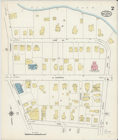Sanborn Fire Insurance Map from Melrose, Middlesex County, Massachusetts (1915), Sheet #0002 - Historic Sanborn Fire Insurance Map Print, vintage old map wall art, antique decor, genealogy gift, Massachusetts Massachusetts map