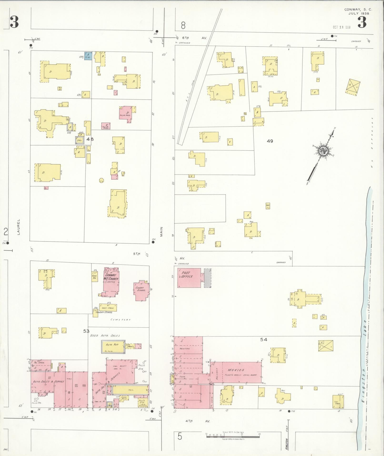 Sanborn Fire Insurance Map from Conway, Horry County, South Carolina (1938), Sheet #0003 - Complete Map Set gallery image, historic Sanborn map, vintage wall art, South Carolina South Carolina