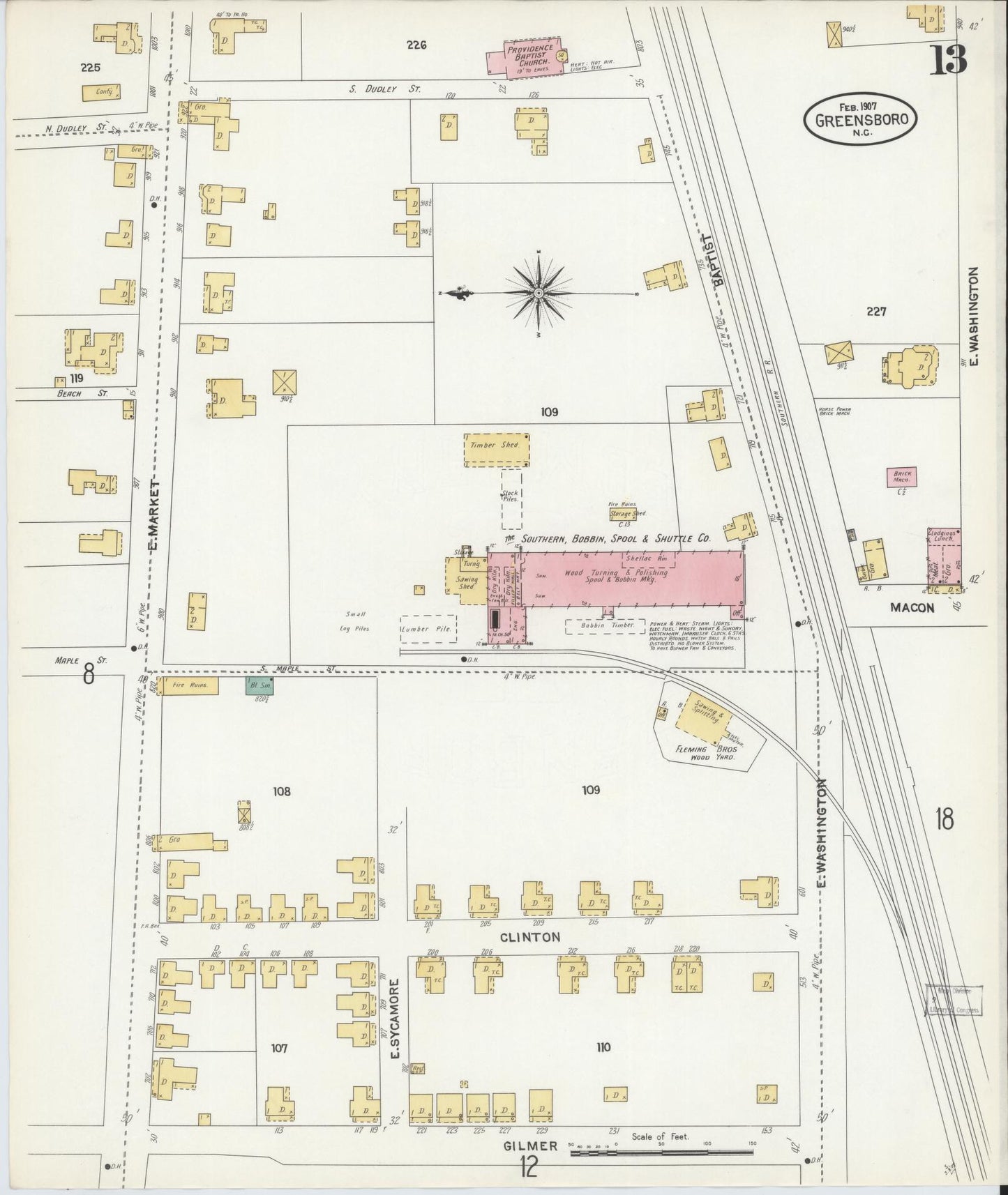 Sanborn Fire Insurance Map from Greensboro, Guilford County, North Carolina (1907), Sheet #0013 - Complete Map Set gallery image, historic Sanborn map, vintage wall art, North Carolina North Carolina