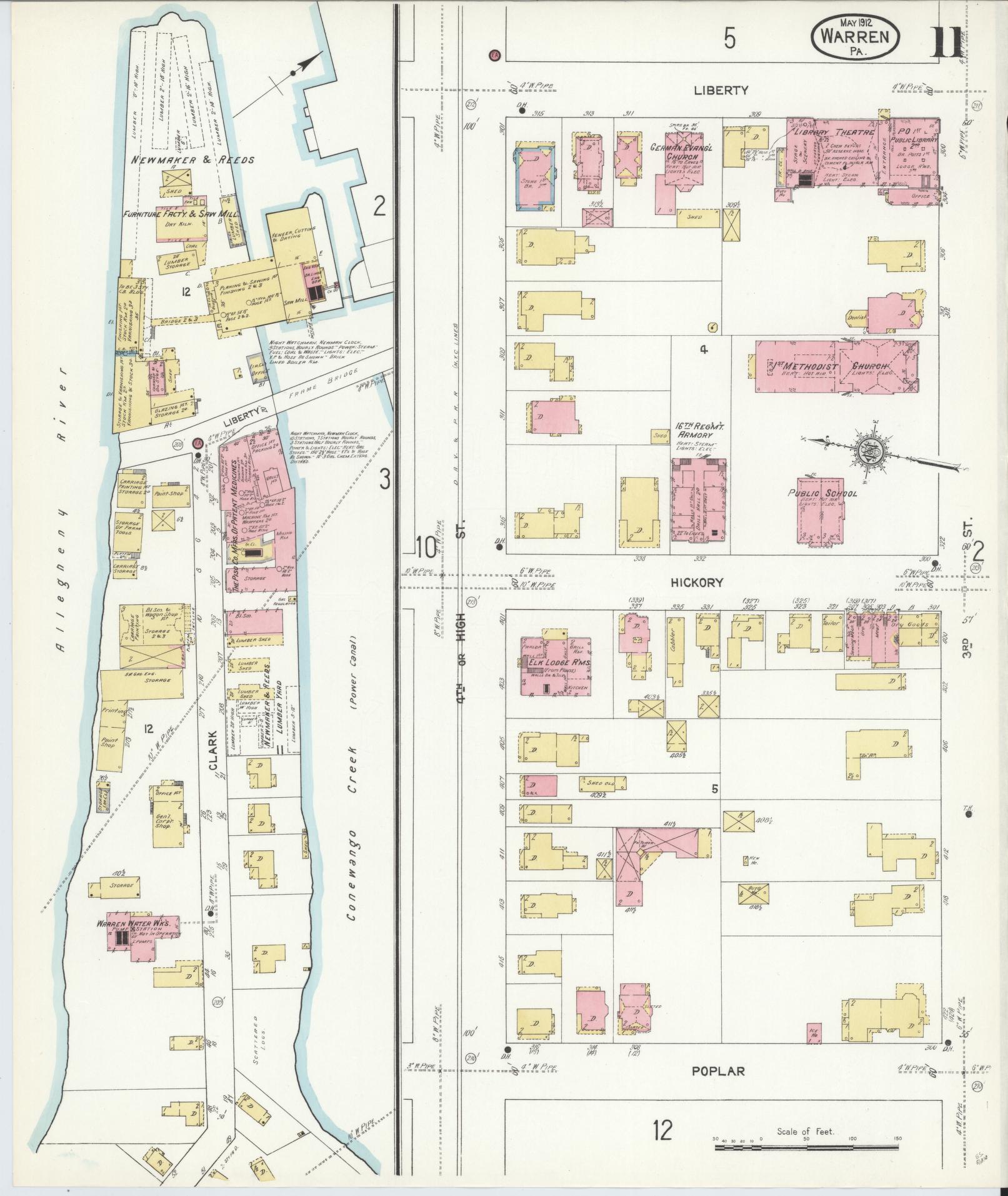 Sanborn Fire Insurance Map from Warren, Warren County, Pennsylvania (1912), Sheet #0011 - Historic Sanborn Fire Insurance Map Print, vintage old map wall art, antique decor, genealogy gift, Pennsylvania Pennsylvania map