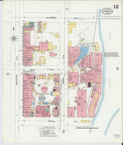Sanborn Fire Insurance Map from Lansing, Ingham County, Michigan (1906), Sheet #0012 - Historic Sanborn Fire Insurance Map Print, vintage old map wall art, antique decor, genealogy gift, Michigan Michigan map
