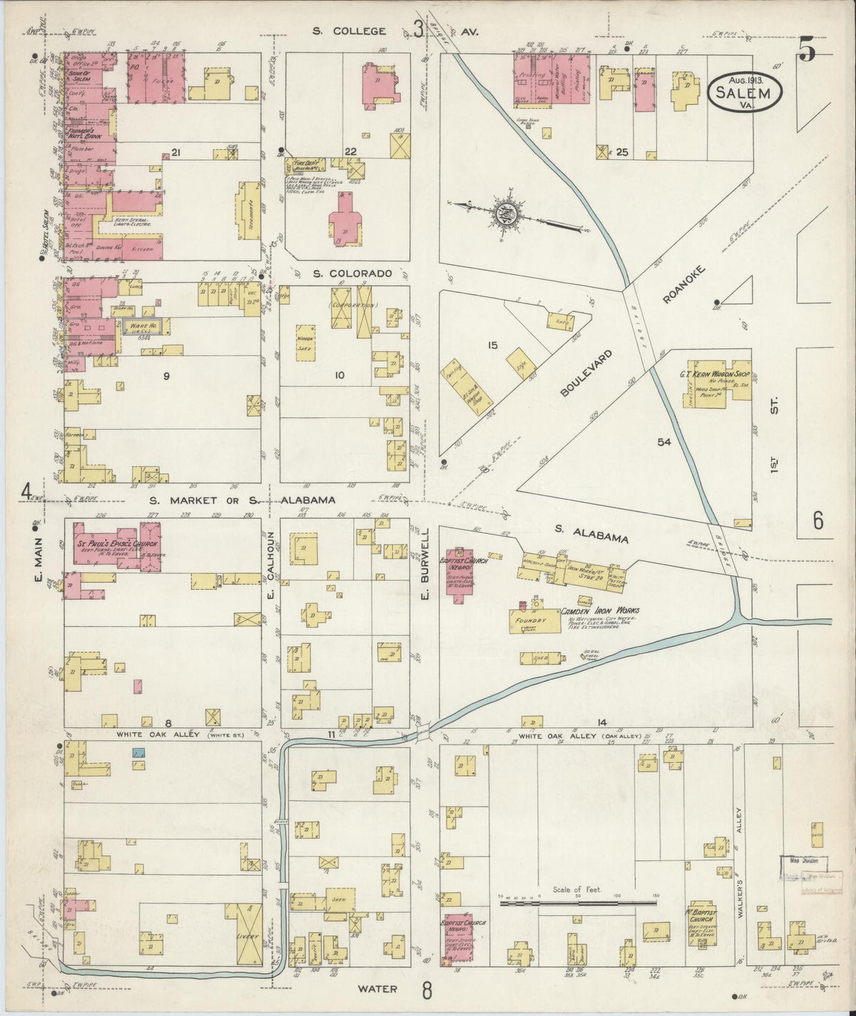 Sanborn Fire Insurance Map from Salem, Independent Cities, Virginia (1913), Sheet #0005 - Complete Map Set gallery image, historic Sanborn map, vintage wall art, Virginia Virginia