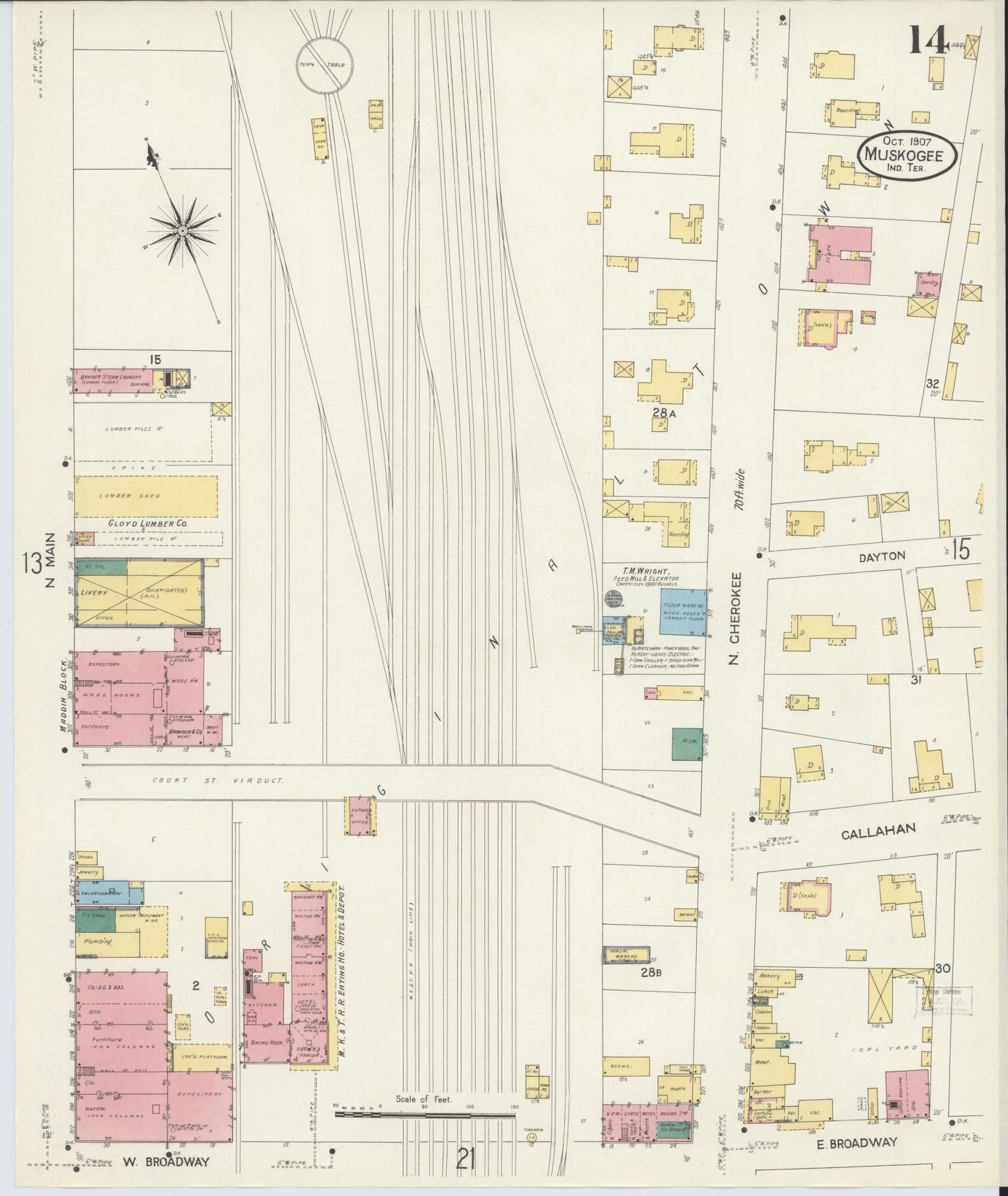 Sanborn Fire Insurance Map from Muskogee, Muskogee County, Oklahoma (1907), Sheet #0014 - Complete Map Set gallery image, historic Sanborn map, vintage wall art, Oklahoma Oklahoma