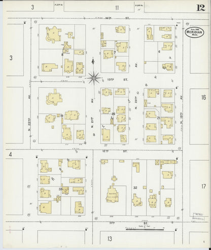 Sanborn Fire Insurance Map from Meridian, Lauderdale County, Mississippi (1906), Sheet #0012 - Complete Map Set gallery image, historic Sanborn map, vintage wall art, Mississippi Mississippi