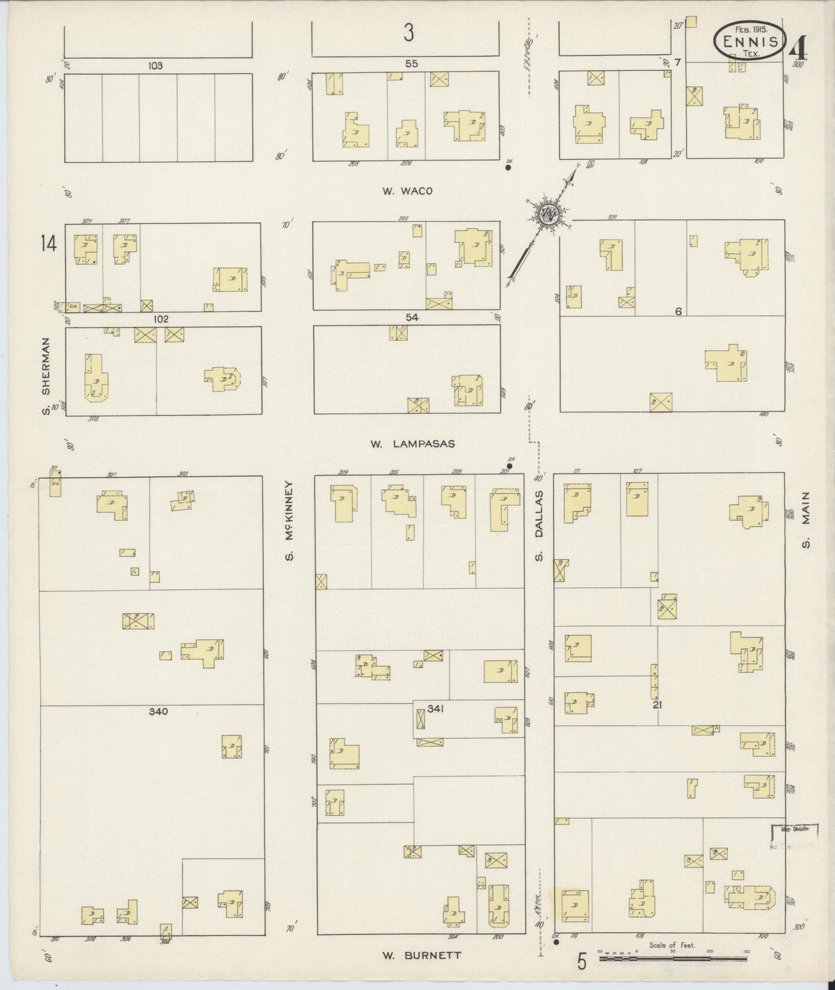 Sanborn Fire Insurance Map from Ennis, Ellis County, Texas (1915), Sheet #0004 - Complete Map Set gallery image, historic Sanborn map, vintage wall art, Texas Texas