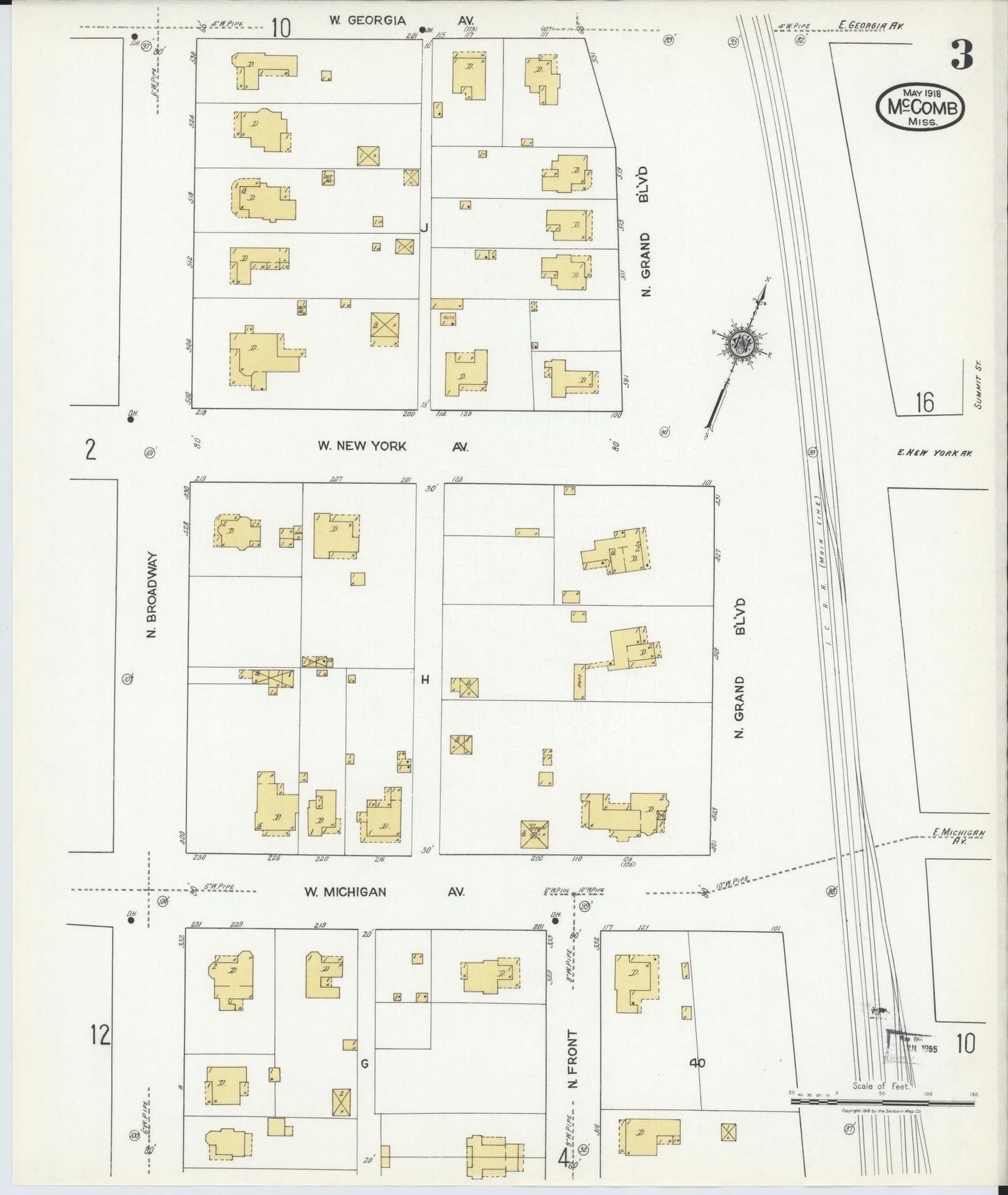 Sanborn Fire Insurance Map from McComb, Pike County, Mississippi (1918), Sheet #0003 - Complete Map Set gallery image, historic Sanborn map, vintage wall art, Mississippi Mississippi