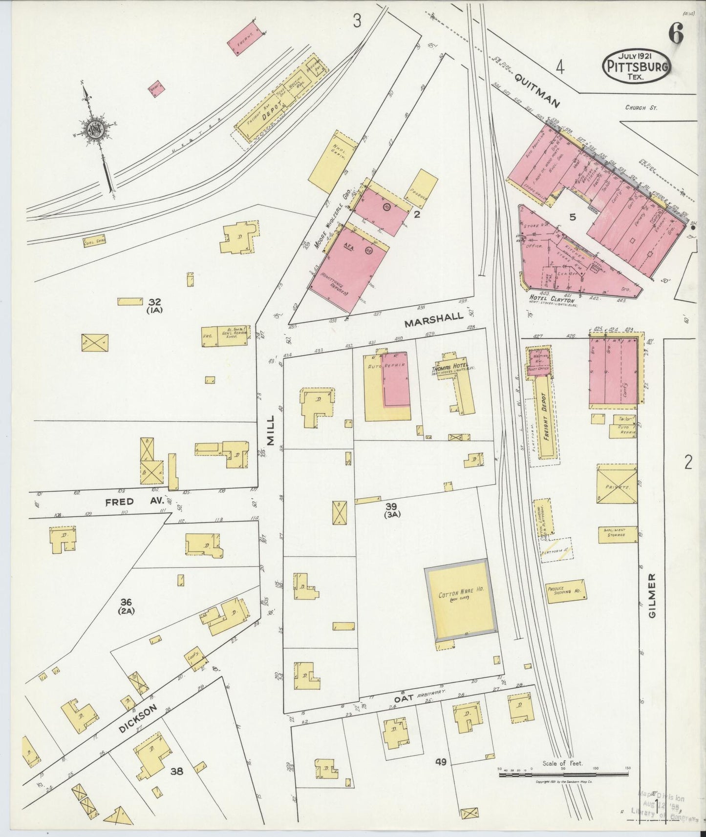 Sanborn Fire Insurance Map from Pittsburg, Camp County, Texas (1921), Sheet #0006 - Complete Map Set gallery image, historic Sanborn map, vintage wall art, Texas Texas
