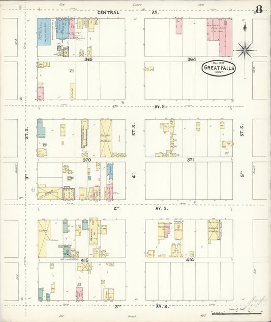 Sanborn Fire Insurance Map from Great Falls, Cascade County, Montana (1891), Sheet #0008 - Historic Sanborn Fire Insurance Map Print, vintage old map wall art, antique decor, genealogy gift, Montana Montana map