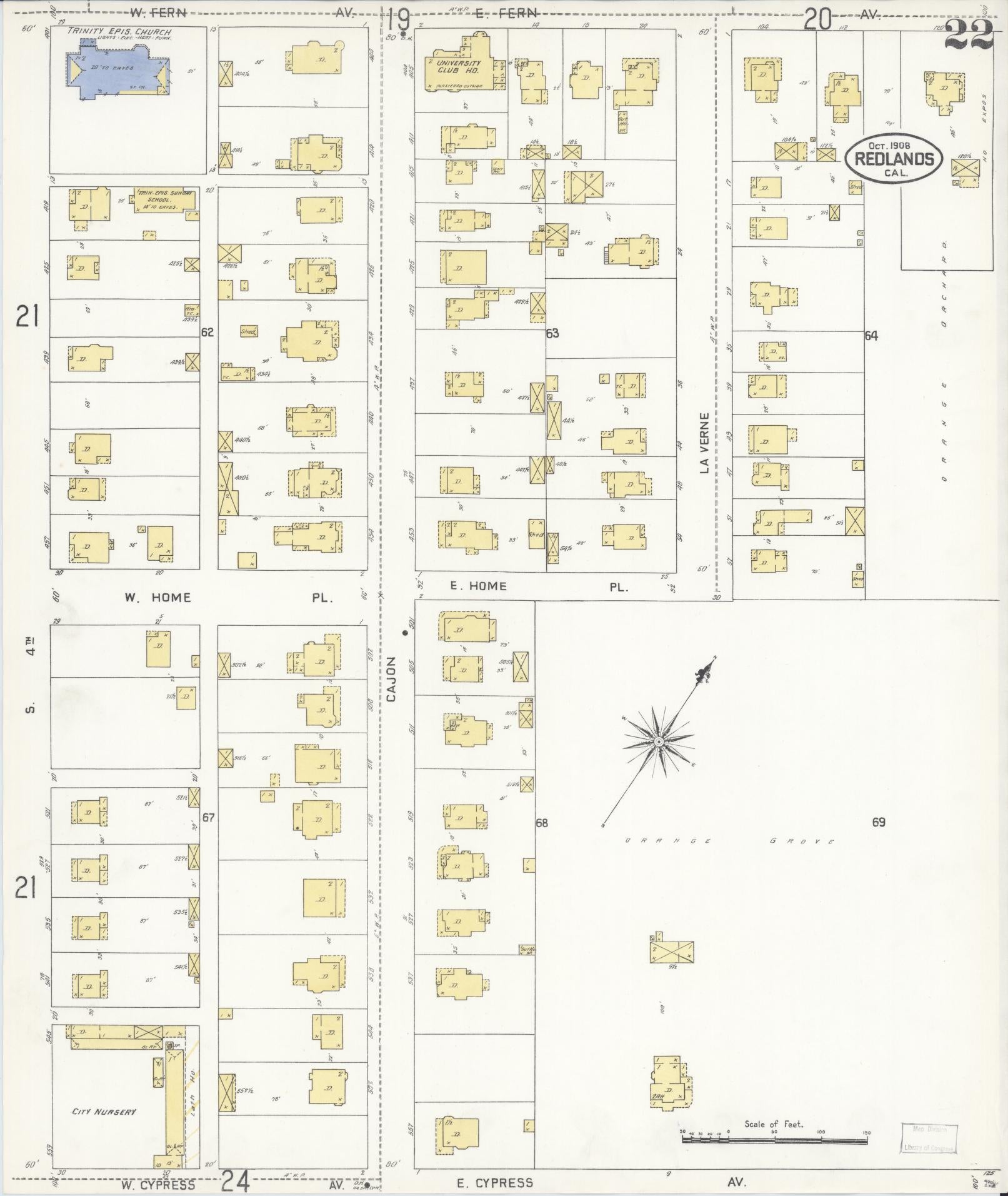 Sanborn Fire Insurance Map from Redlands, San Bernardino County, California (1908), Sheet #0022 - Complete Map Set gallery image, historic Sanborn map, vintage wall art, California California