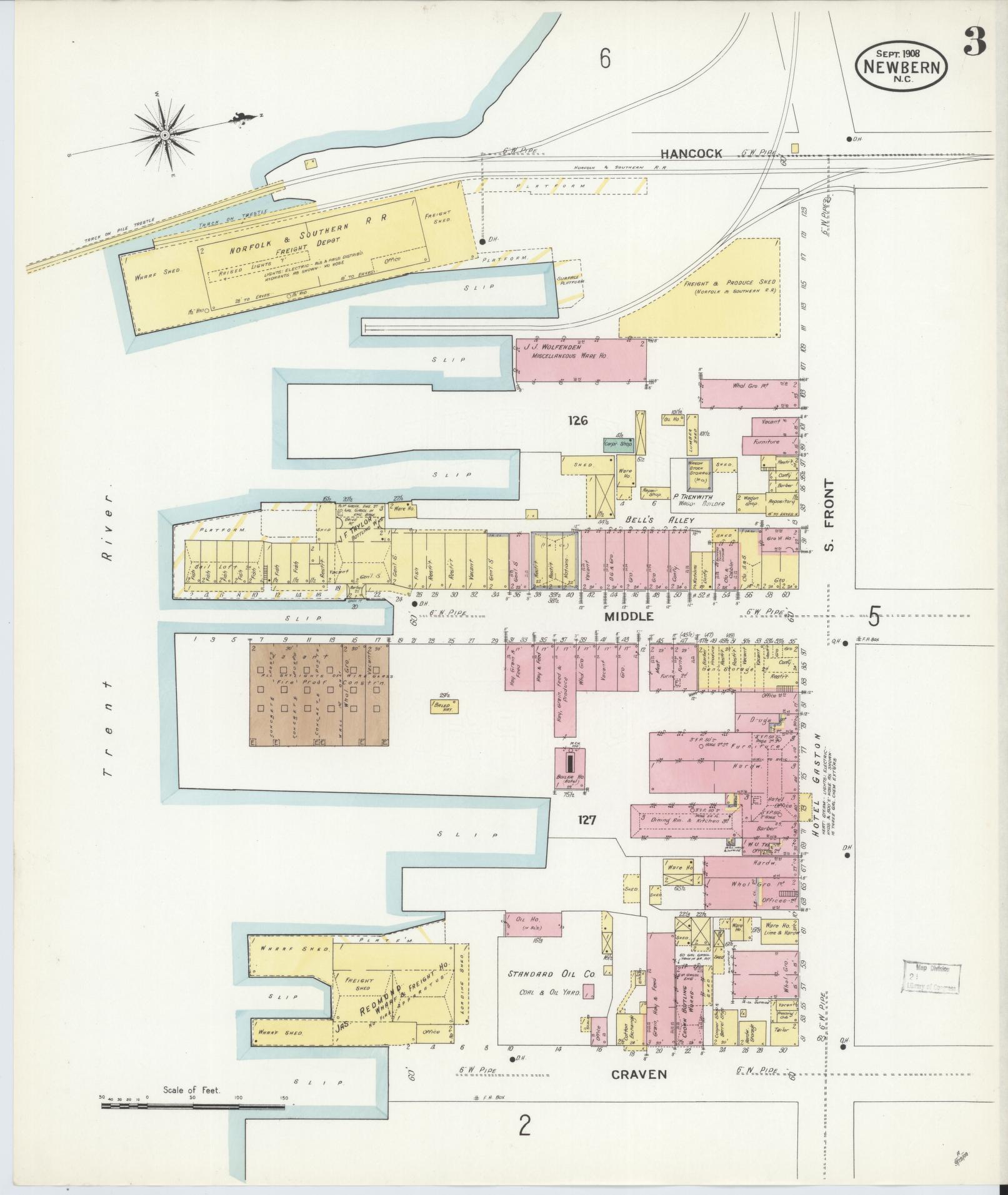 Sanborn Fire Insurance Map from New Bern, Craven County, North Carolina (1908), Sheet #0003 - Complete Map Set gallery image, historic Sanborn map, vintage wall art, North Carolina North Carolina