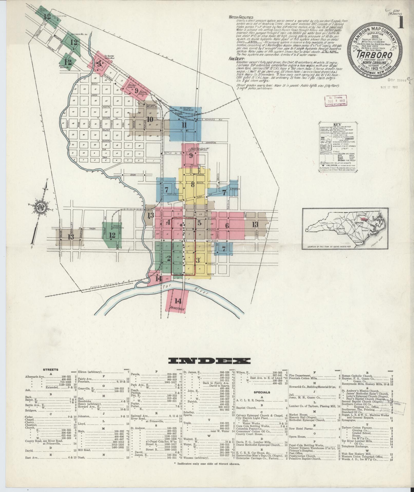 Sanborn Fire Insurance Map from Tarboro, Edgecombe County, North Carolina (1913), Sheet #0001 - Complete Map Set gallery image, historic Sanborn map, vintage wall art, North Carolina North Carolina
