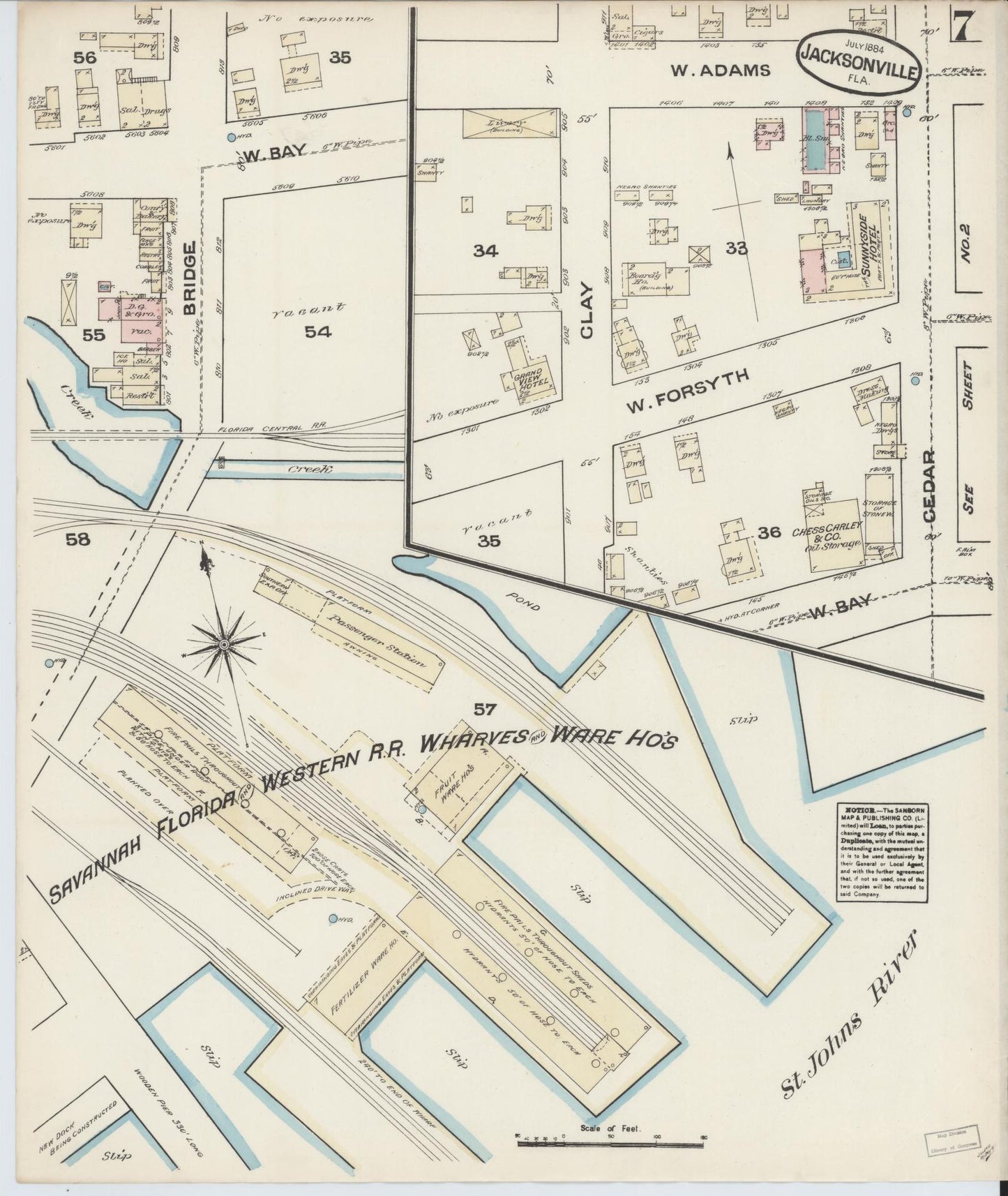 Sanborn Fire Insurance Map from Jacksonville, Duval County, Florida (1884), Sheet #0007 - Complete Map Set gallery image, historic Sanborn map, vintage wall art, Florida Florida