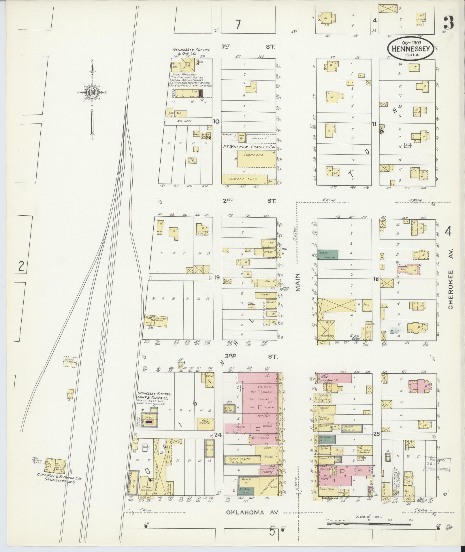 Sanborn Fire Insurance Map from Hennessey, Kingfisher County, Oklahoma (1909), Sheet #0003 - Complete Map Set gallery image, historic Sanborn map, vintage wall art, Oklahoma Oklahoma