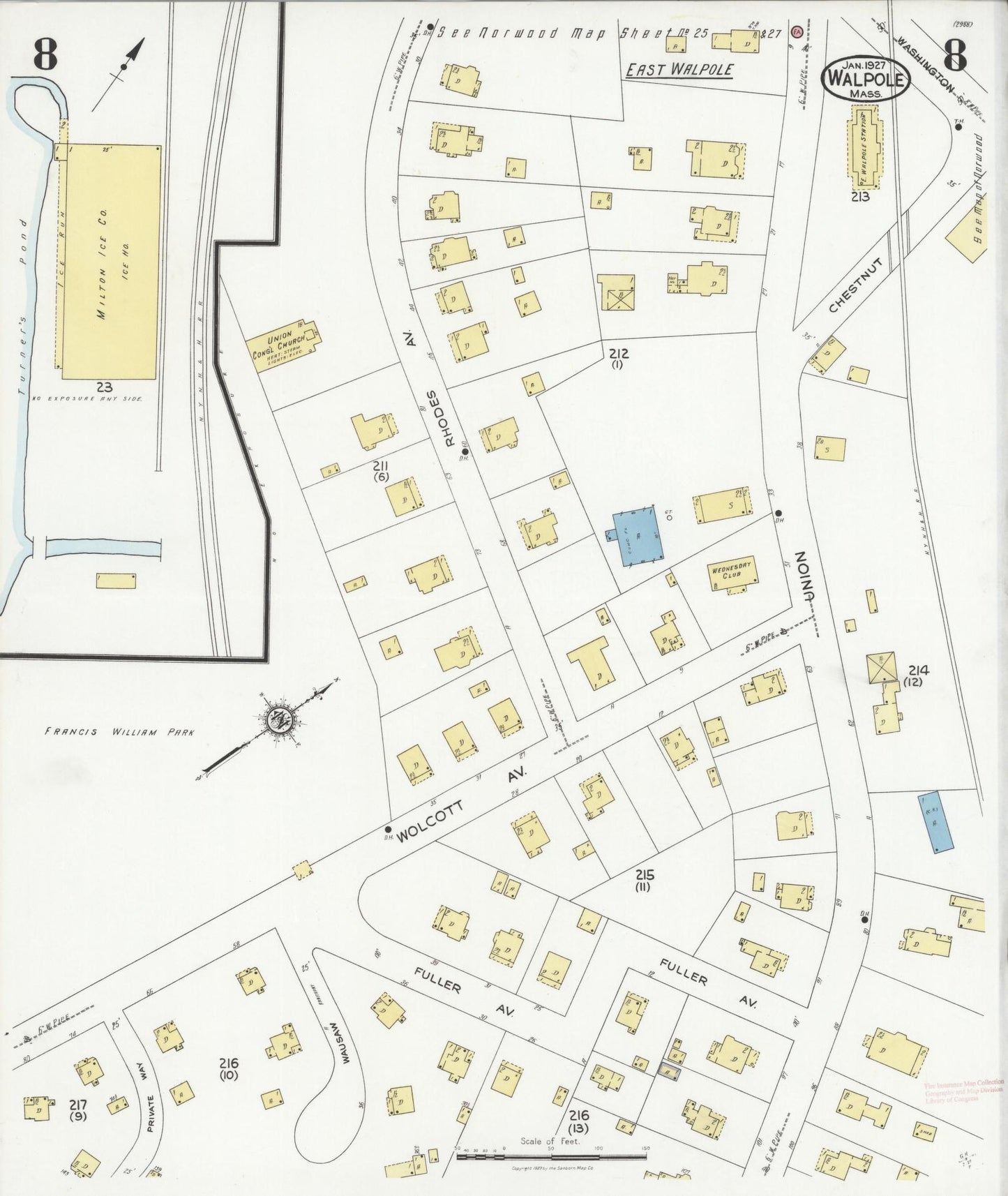 Sanborn Fire Insurance Map from Walpole, Norfolk County, Massachusetts (1927), Sheet #0008 - Complete Map Set gallery image, historic Sanborn map, vintage wall art, Massachusetts Massachusetts