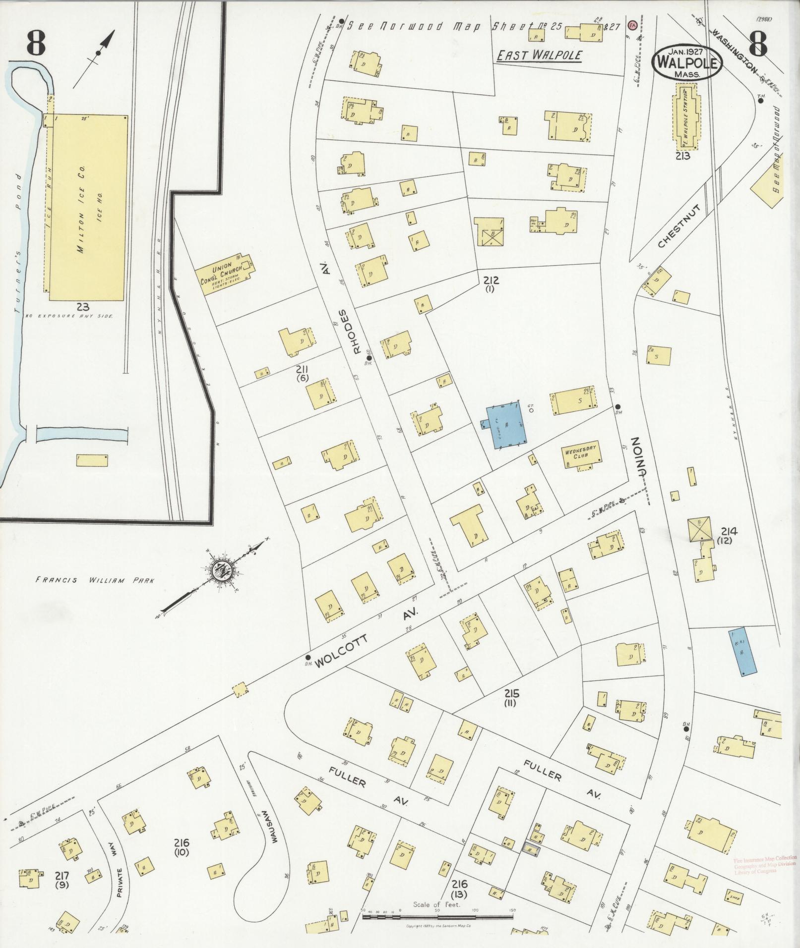 Sanborn Fire Insurance Map from Walpole, Norfolk County, Massachusetts (1927), Sheet #0008 - Complete Map Set gallery image, historic Sanborn map, vintage wall art, Massachusetts Massachusetts