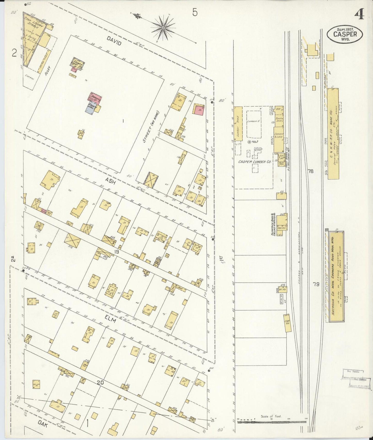 Sanborn Fire Insurance Map from Casper, Natrona County, Wyoming (1907), Sheet #0004 - Complete Map Set gallery image, historic Sanborn map, vintage wall art, Wyoming Wyoming