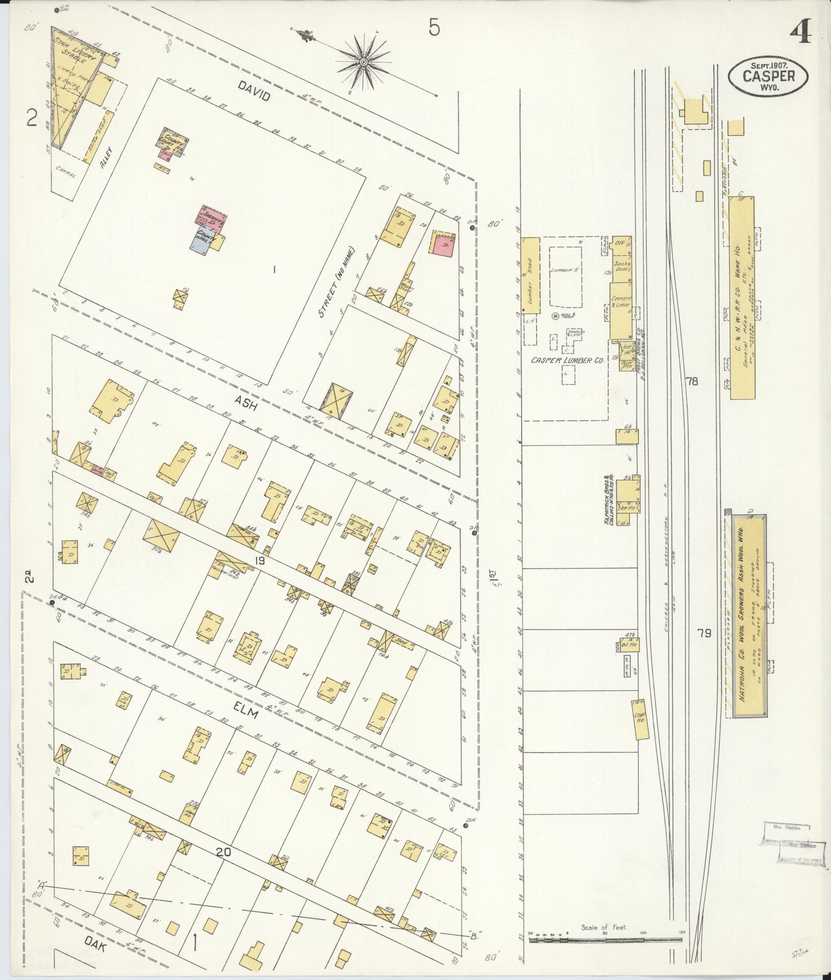 Sanborn Fire Insurance Map from Casper, Natrona County, Wyoming (1907), Sheet #0004 - Complete Map Set gallery image, historic Sanborn map, vintage wall art, Wyoming Wyoming