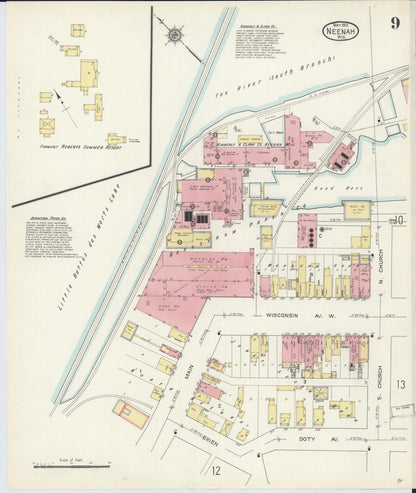 Sanborn Fire Insurance Map from Neenah, Winnebago County, Wisconsin (1913), Sheet #0009 - Complete Map Set gallery image, historic Sanborn map, vintage wall art, Wisconsin Wisconsin