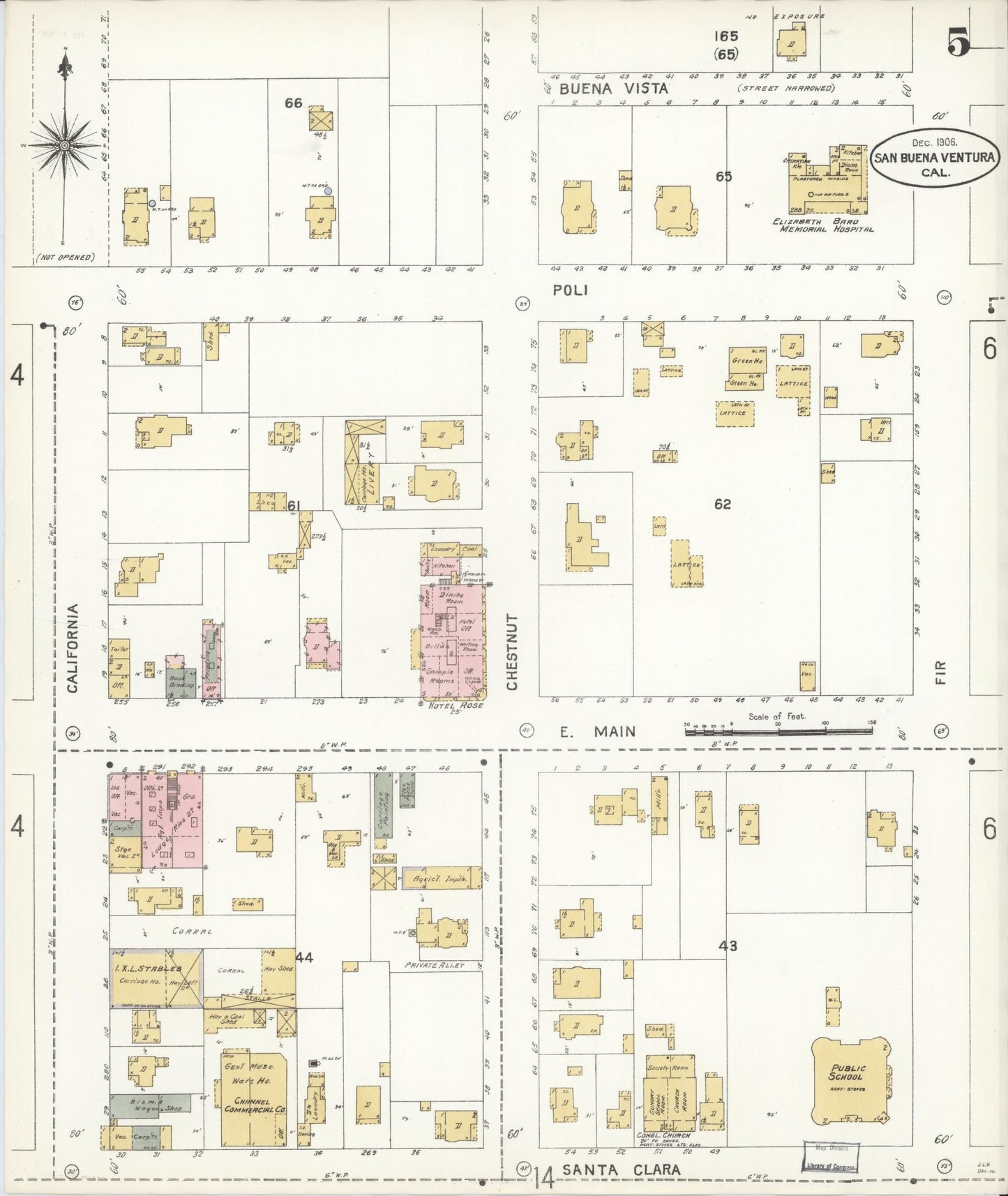 Sanborn Fire Insurance Map from San Buenaventura, Ventura County, California (1906), Sheet #0005 - Complete Map Set gallery image, historic Sanborn map, vintage wall art, California California