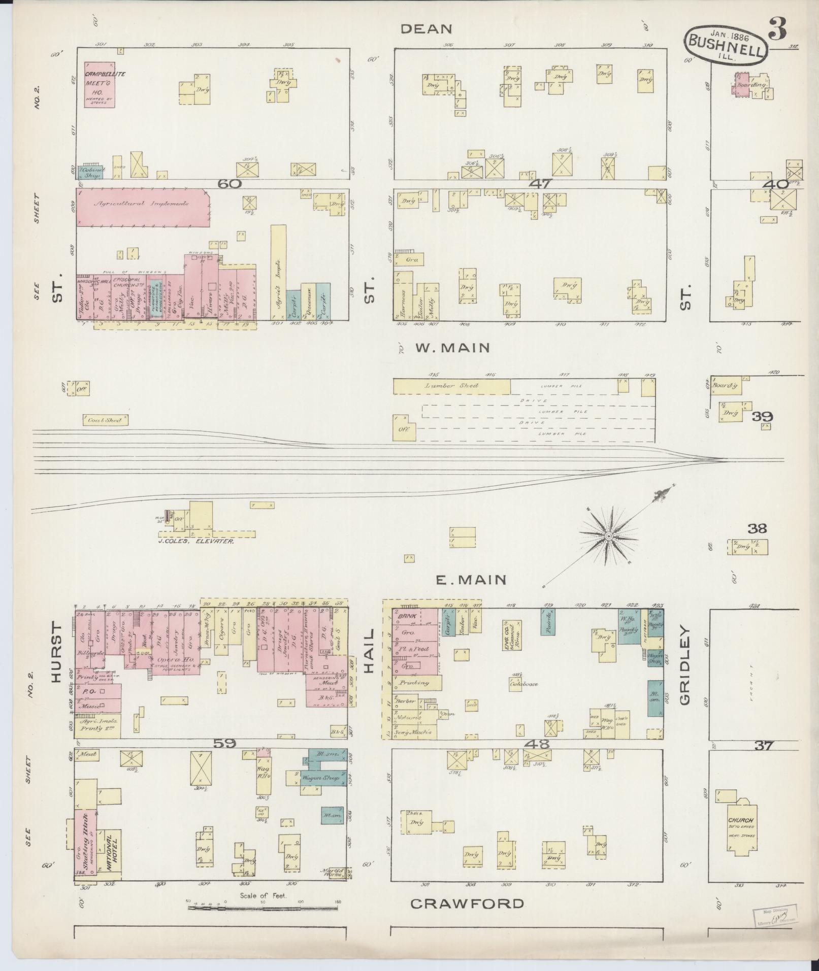 Sanborn Fire Insurance Map from Bushnell, Mcdonough County, Illinois (1886), Sheet #0003 - Historic Sanborn Fire Insurance Map Print, vintage old map wall art, antique decor, genealogy gift, Illinois Illinois map