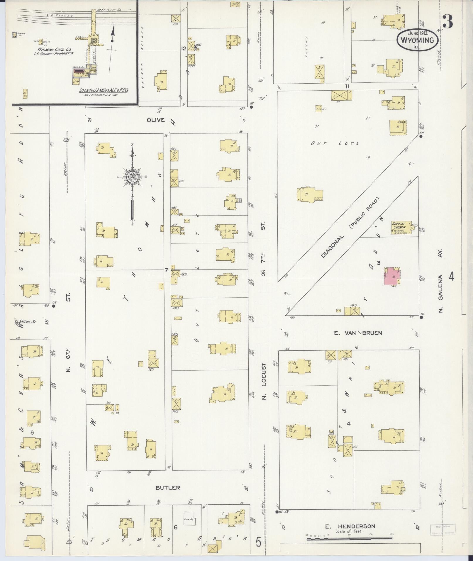 Sanborn Fire Insurance Map from Wyoming, Stark County, Illinois (1913), Sheet #0003 - Complete Map Set gallery image, historic Sanborn map, vintage wall art, Illinois Illinois