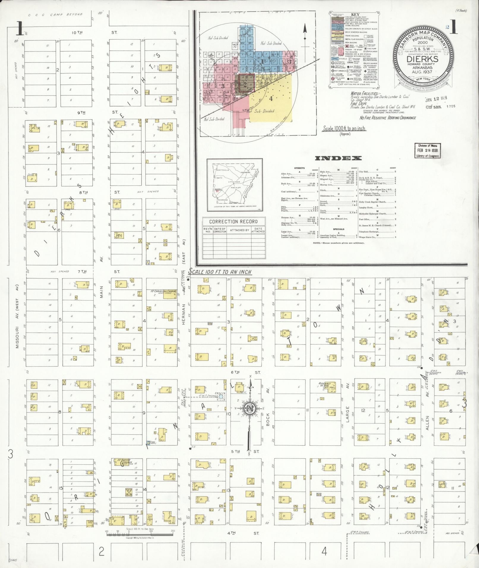 Sanborn Fire Insurance Map from Dierks, Howard County, Arkansas (1937), Sheet #0001 - Complete Map Set gallery image, historic Sanborn map, vintage wall art, Arkansas Arkansas