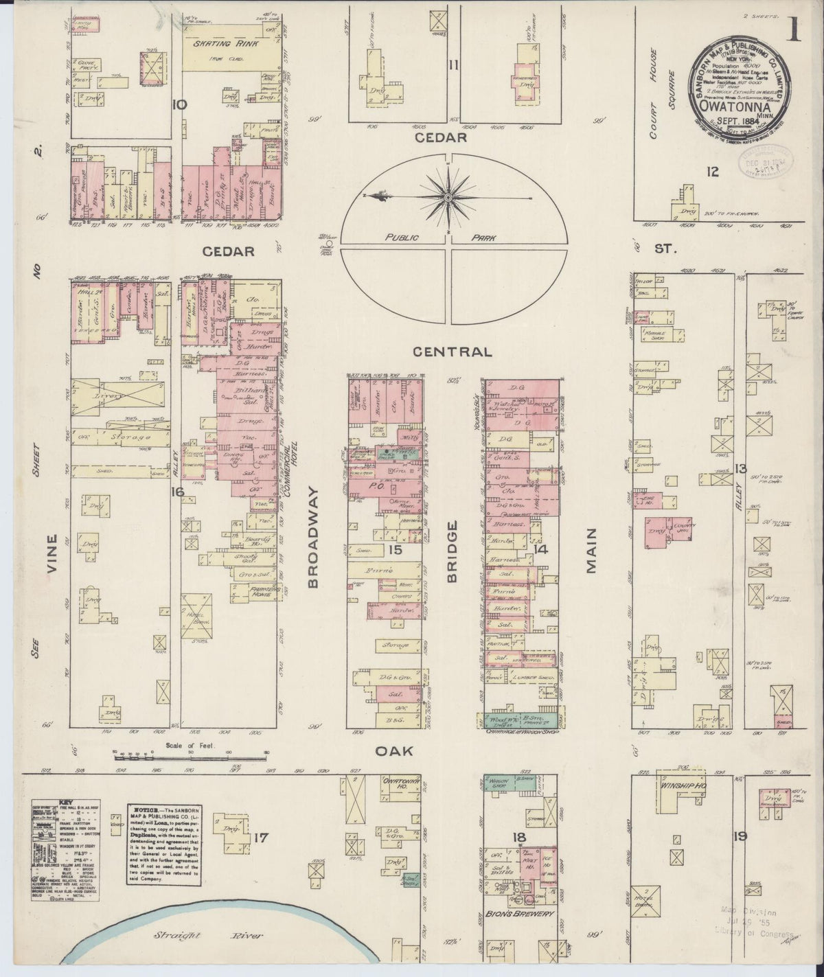 Sanborn Fire Insurance Map from Owatonna, Steele County, Minnesota (1884), Sheet #0001 - Complete Map Set gallery image, historic Sanborn map, vintage wall art, Minnesota Minnesota