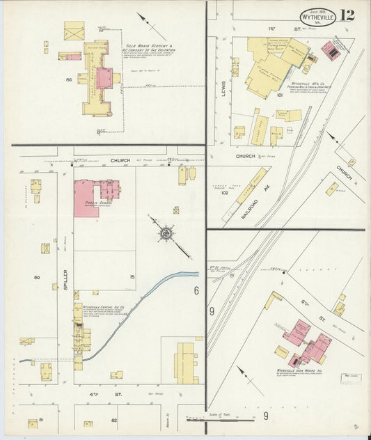 Sanborn Fire Insurance Map from Wytheville, Wythe County, Virginia (1913), Sheet #0012 - Historic Sanborn Fire Insurance Map Print, vintage old map wall art, antique decor, genealogy gift, Virginia Virginia map