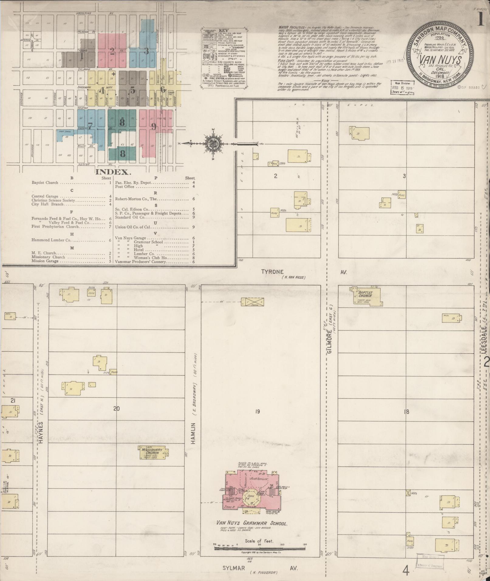 Sanborn Fire Insurance Map from Van Nuys, Los Angeles County, California (1918), Sheet #0001 - Complete Map Set gallery image, historic Sanborn map, vintage wall art, California California